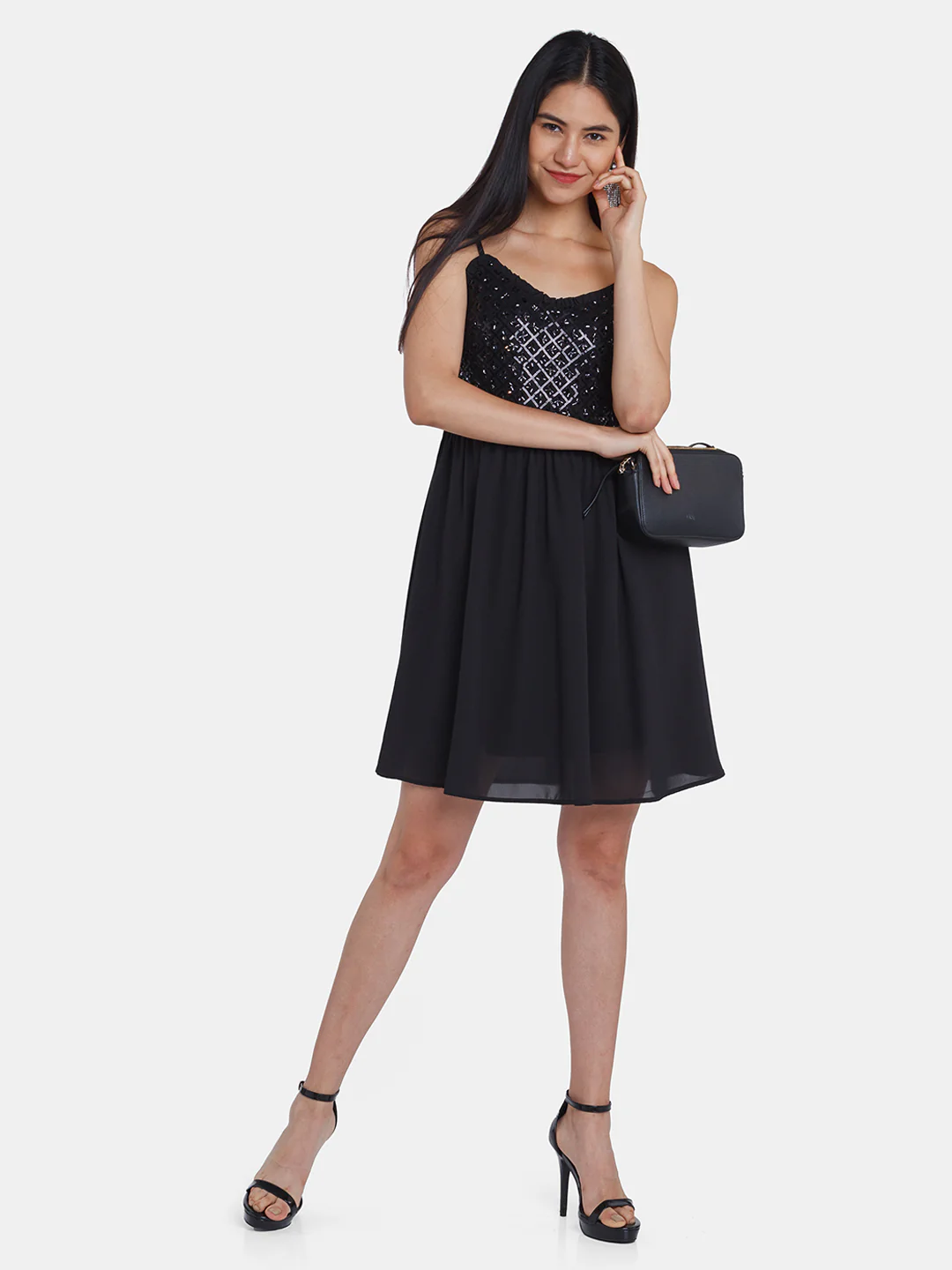 Black Embellished Strappy Short Dress