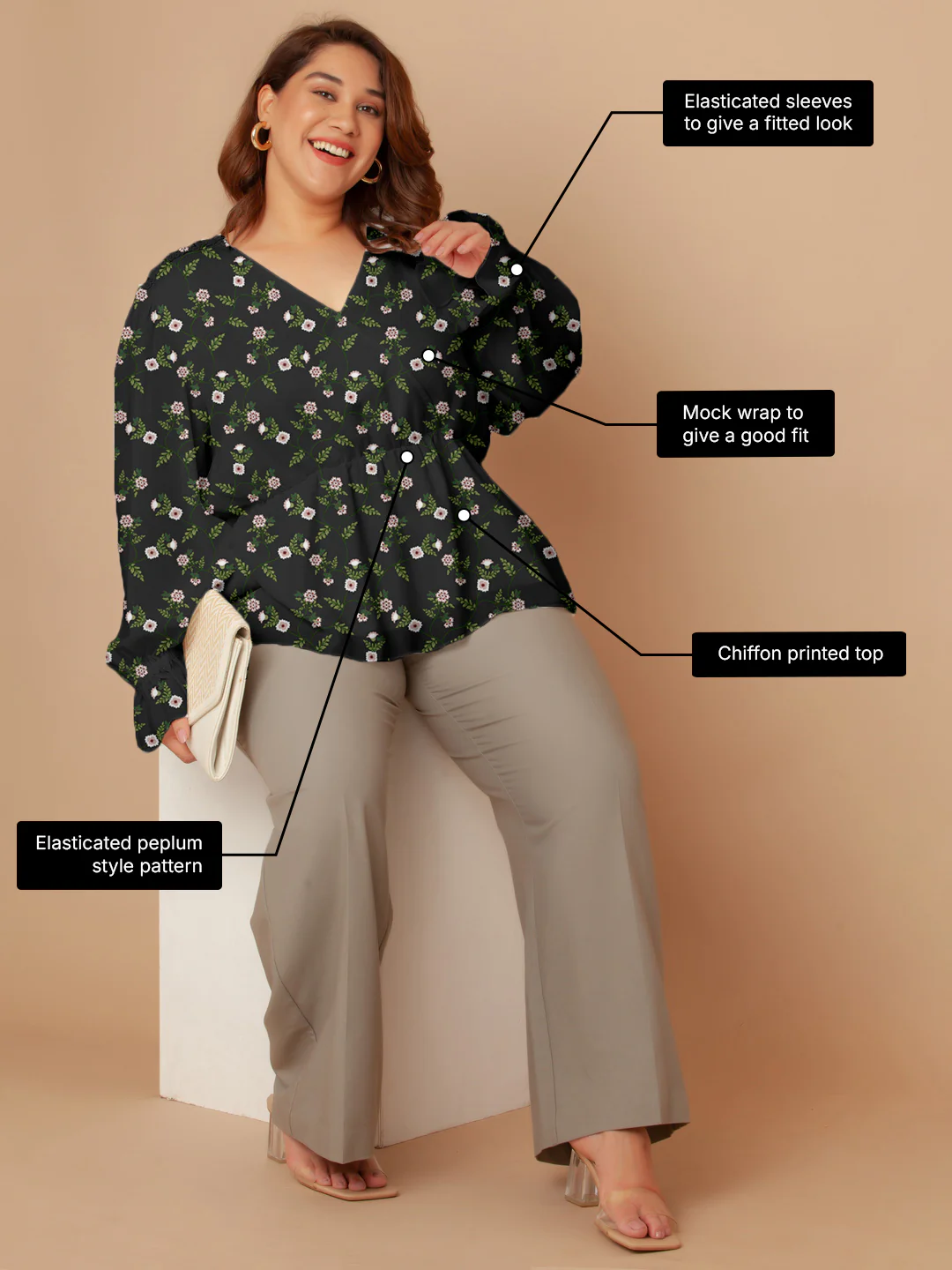 Black Floral Print Peplum Top - Image 3