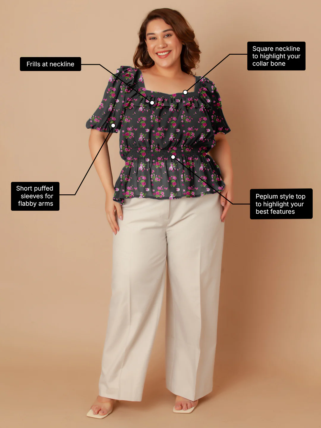 Black Floral Print Peplum Top - Image 3