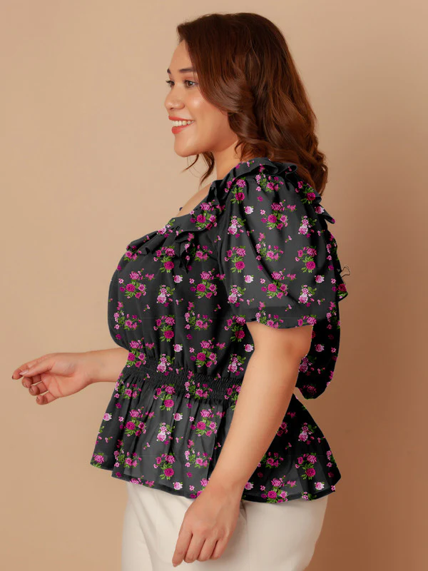 Black Floral Print Peplum Top - Image 4