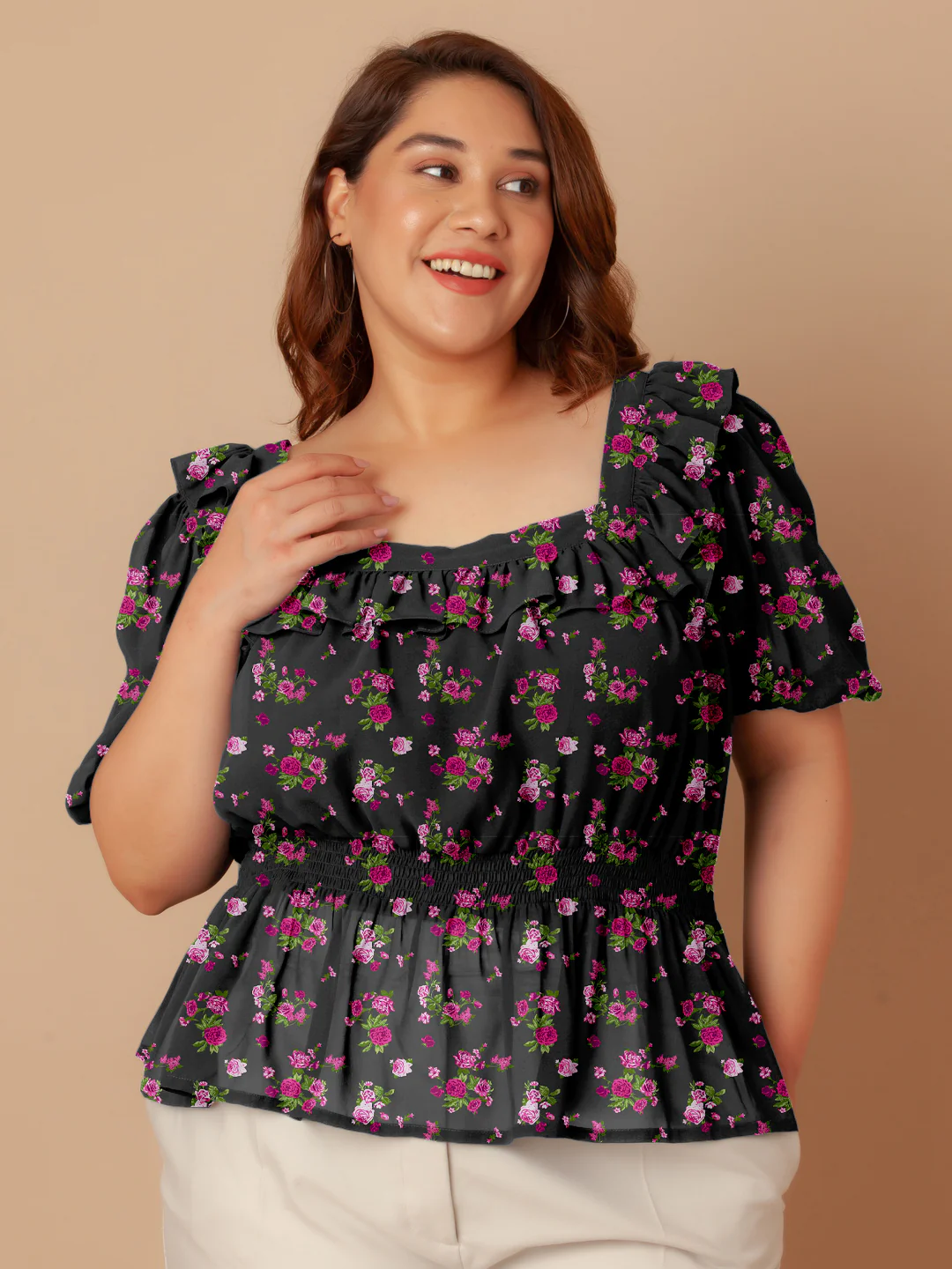 Black Floral Print Peplum Top - Image 5