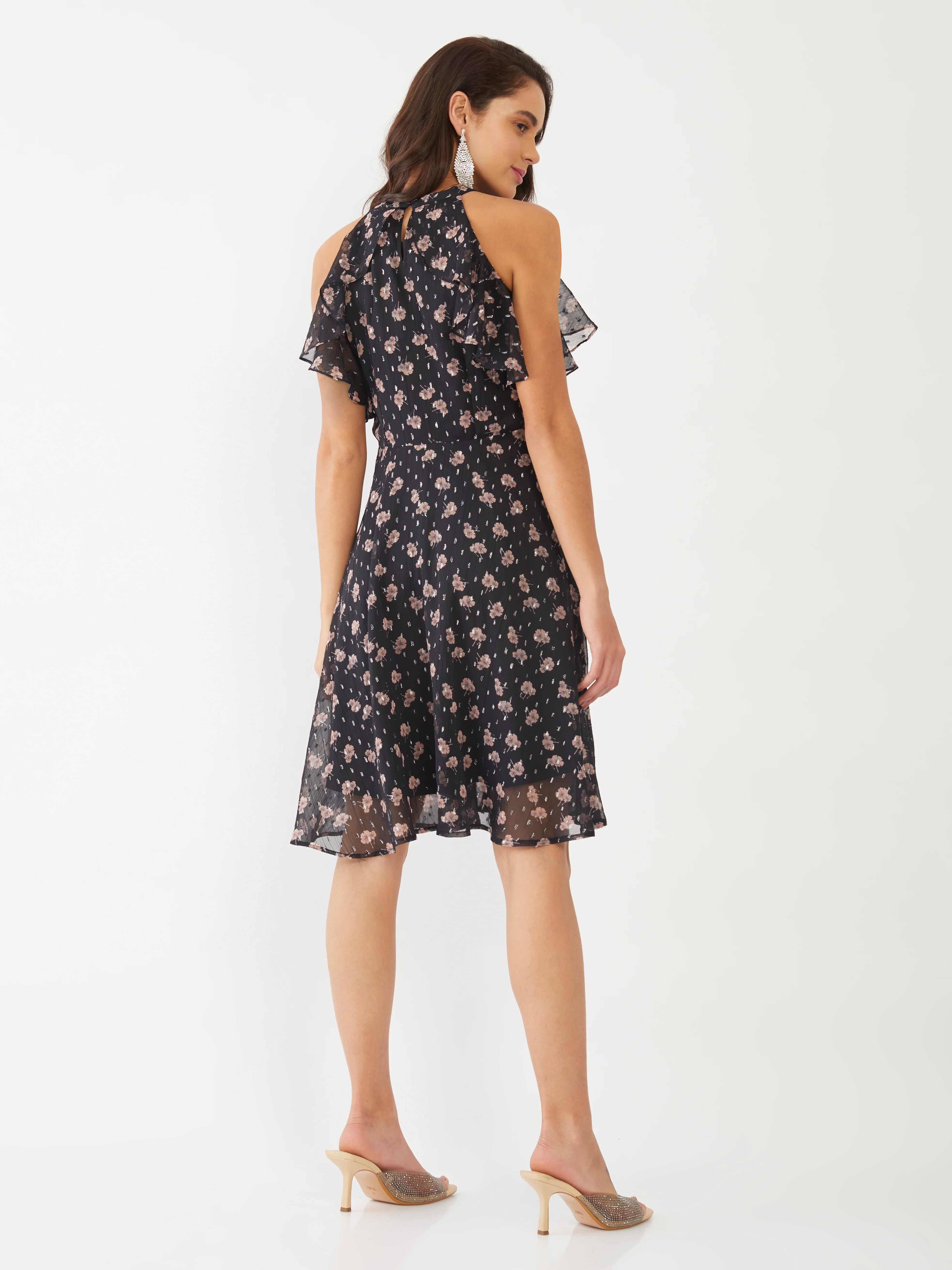 Black Floral Print Ruffled Short Dress - Image 4