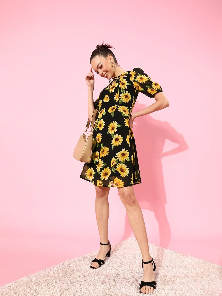 Black Floral Print Short Dress - Image 2