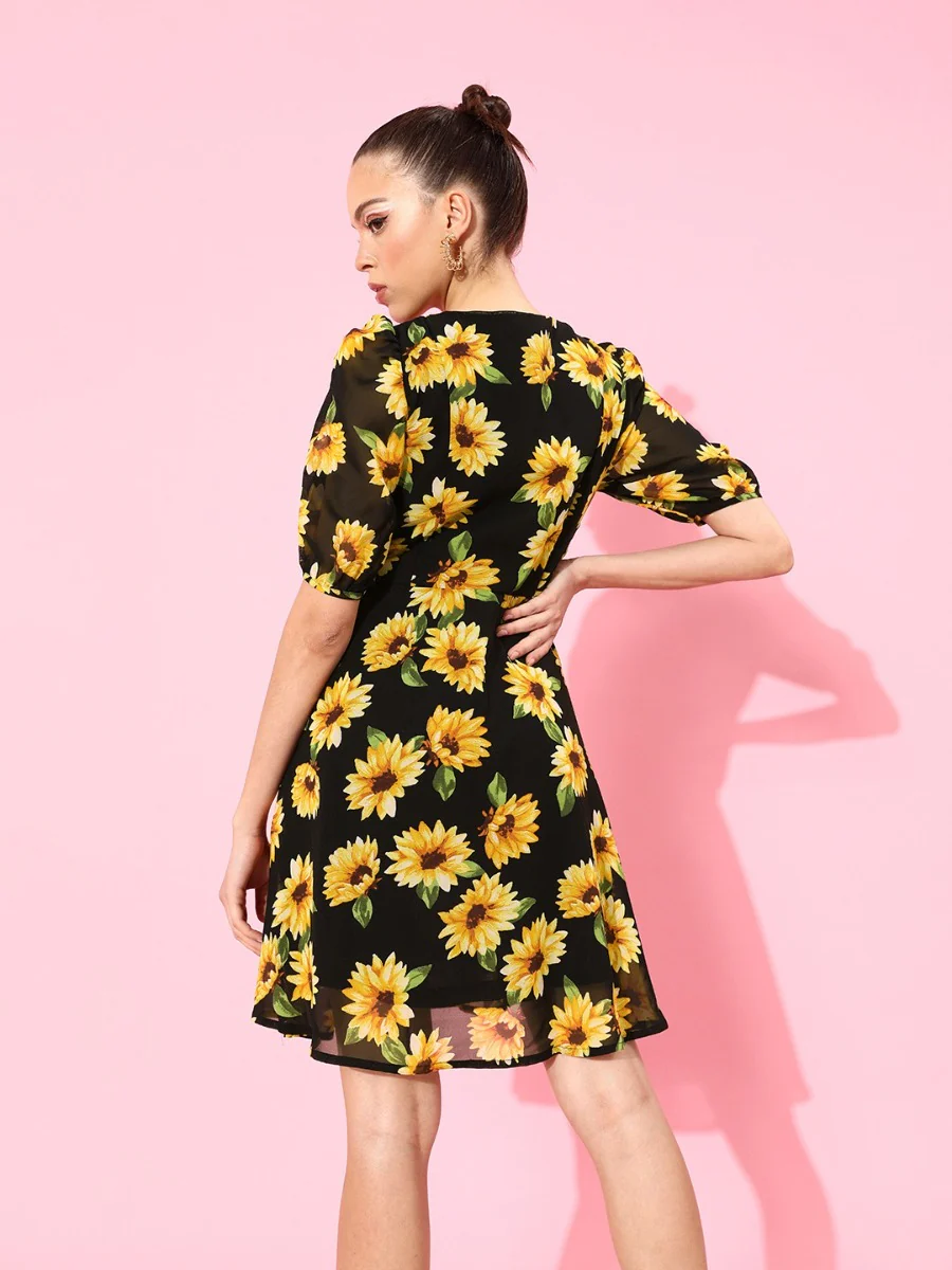 Black Floral Print Short Dress - Image 3