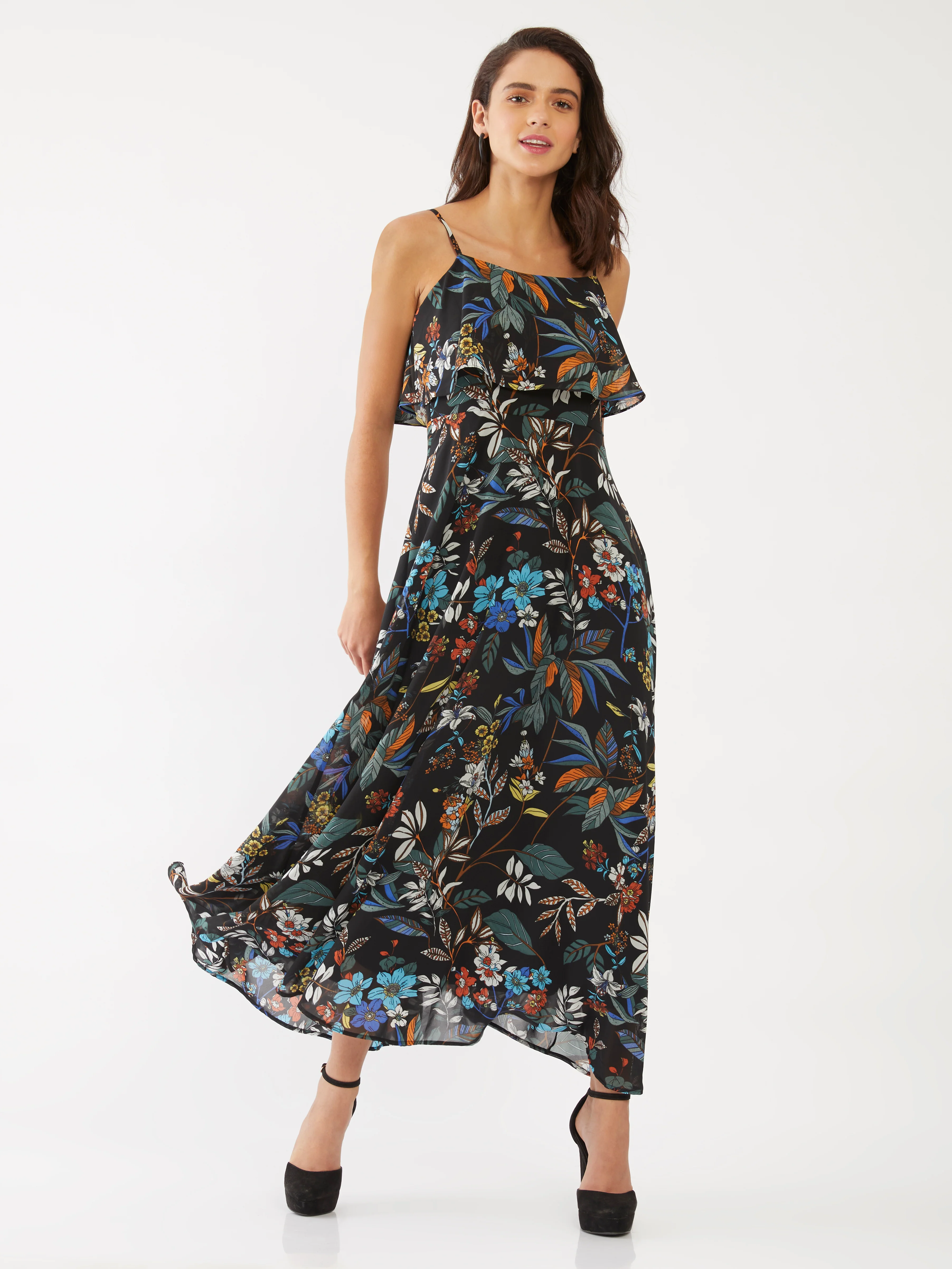 Black Floral Print Strappy Maxi Dress