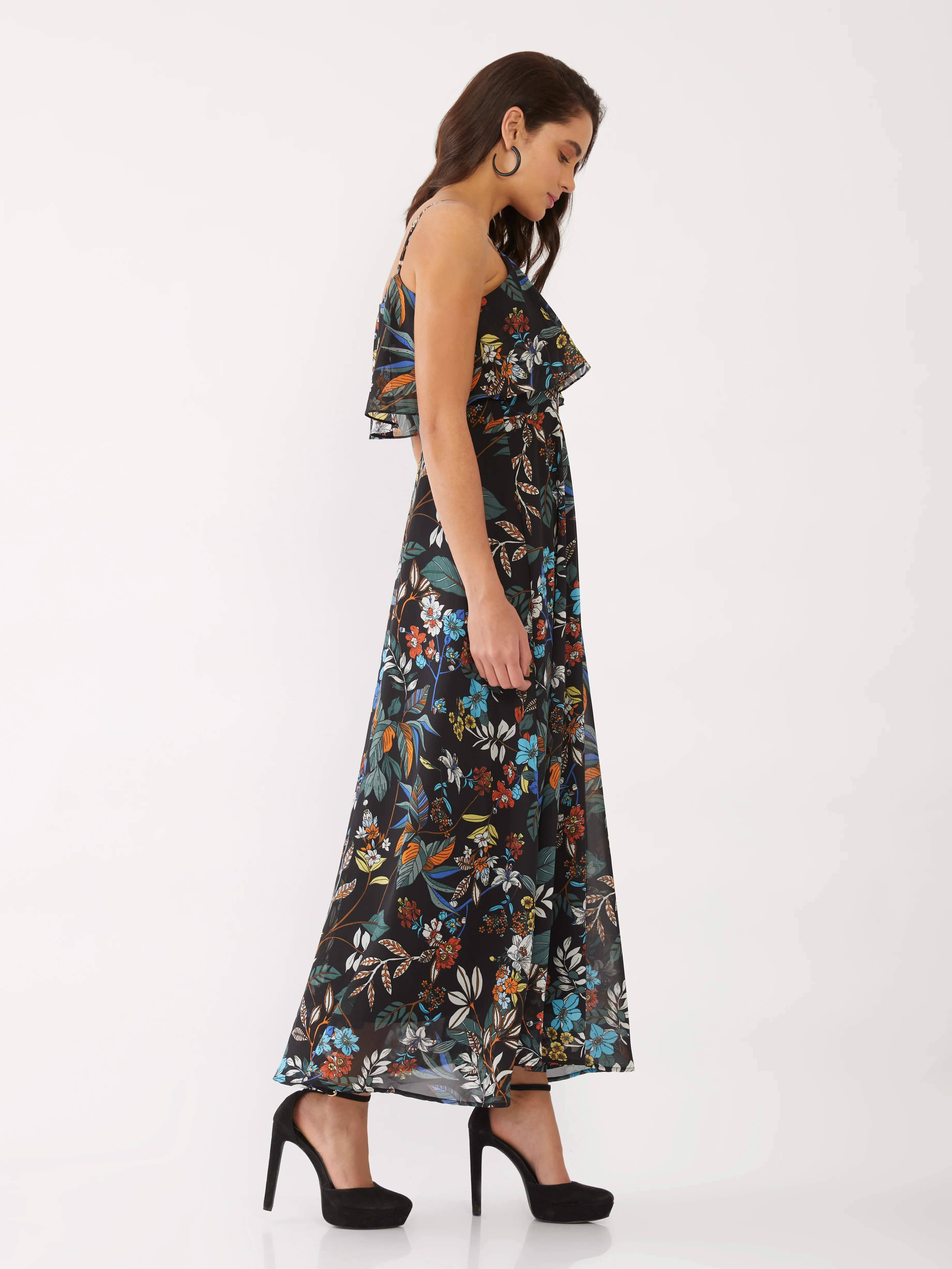 Black Floral Print Strappy Maxi Dress - Image 2