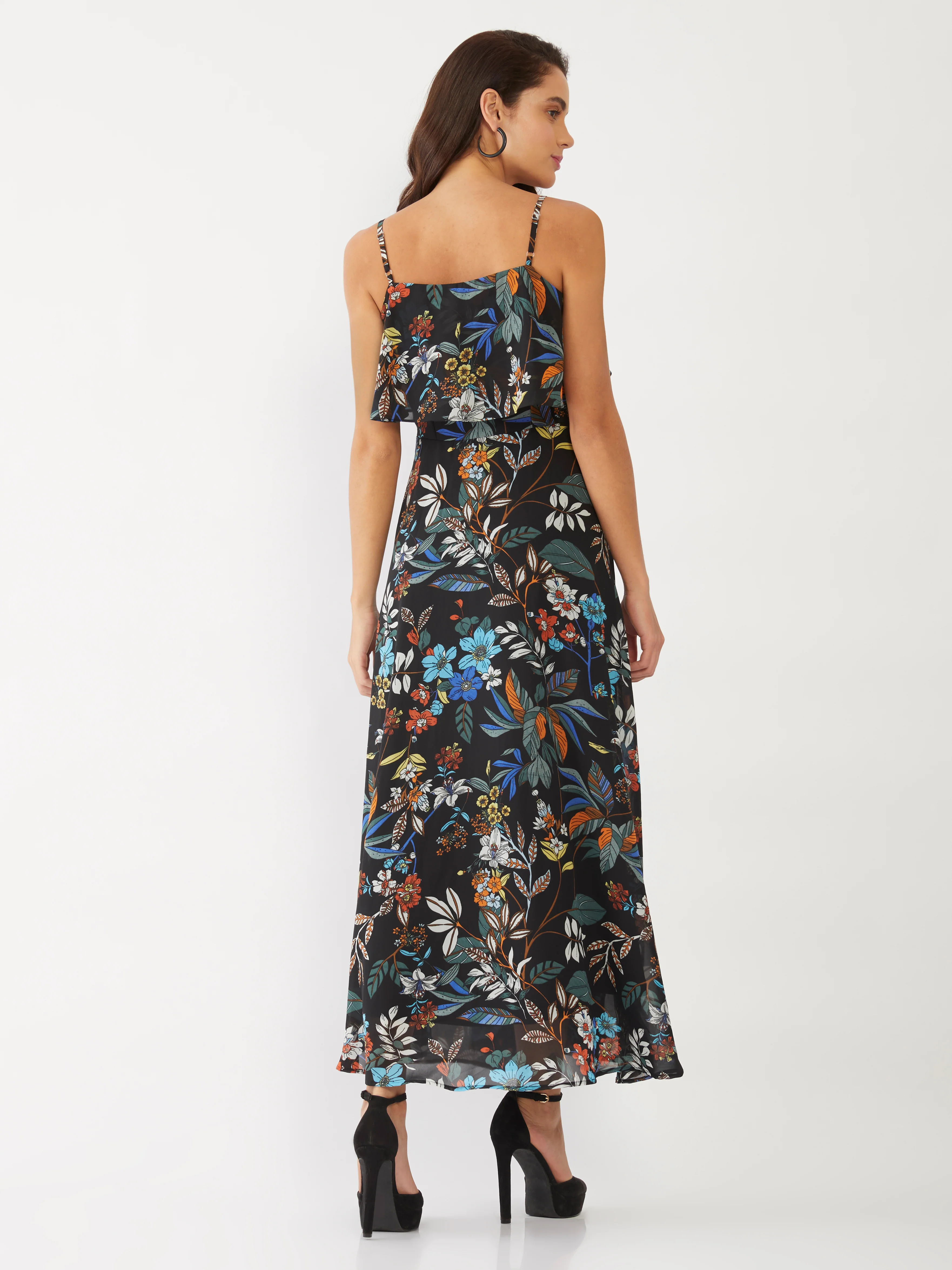Black Floral Print Strappy Maxi Dress - Image 3