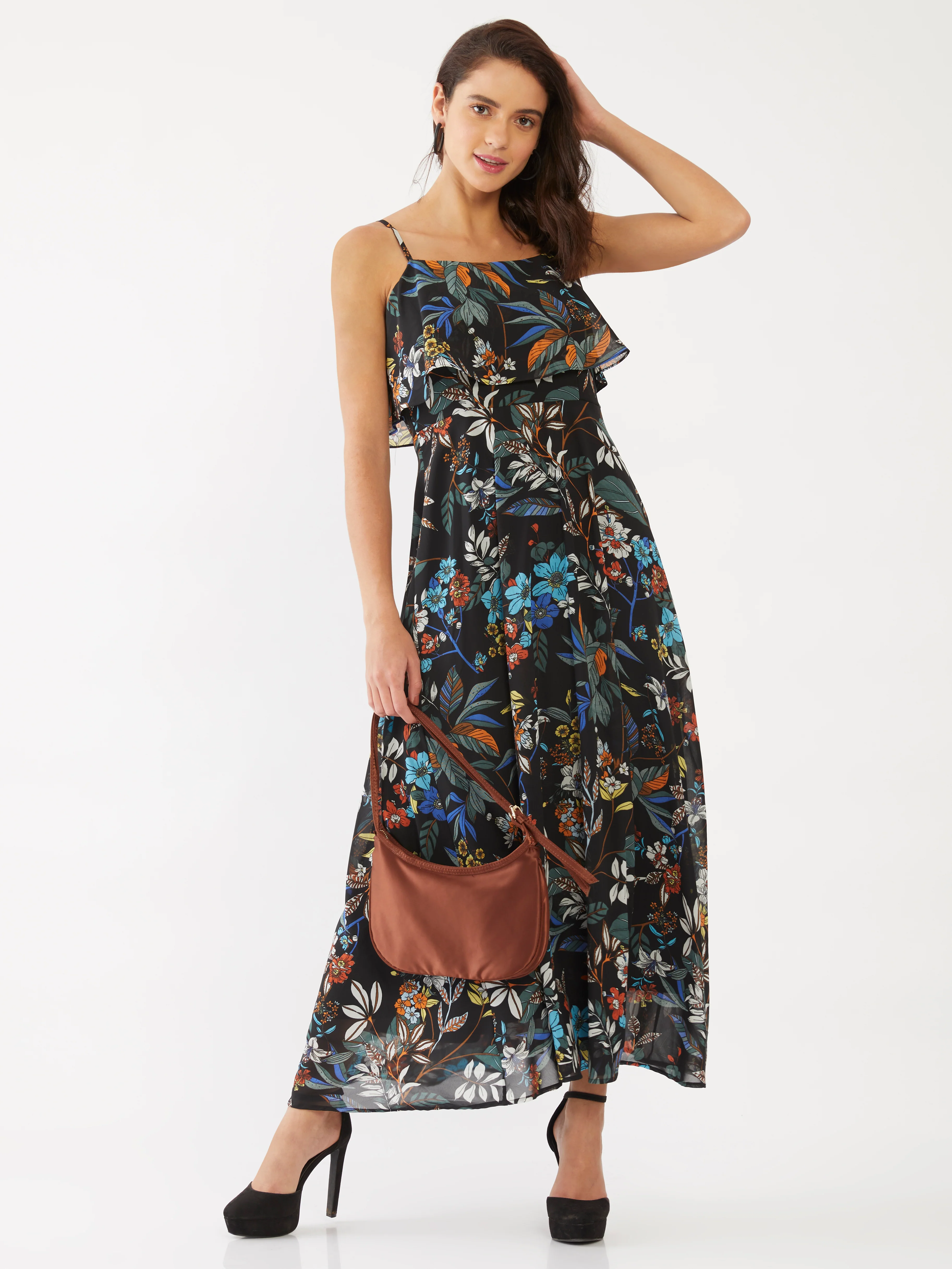 Black Floral Print Strappy Maxi Dress - Image 4