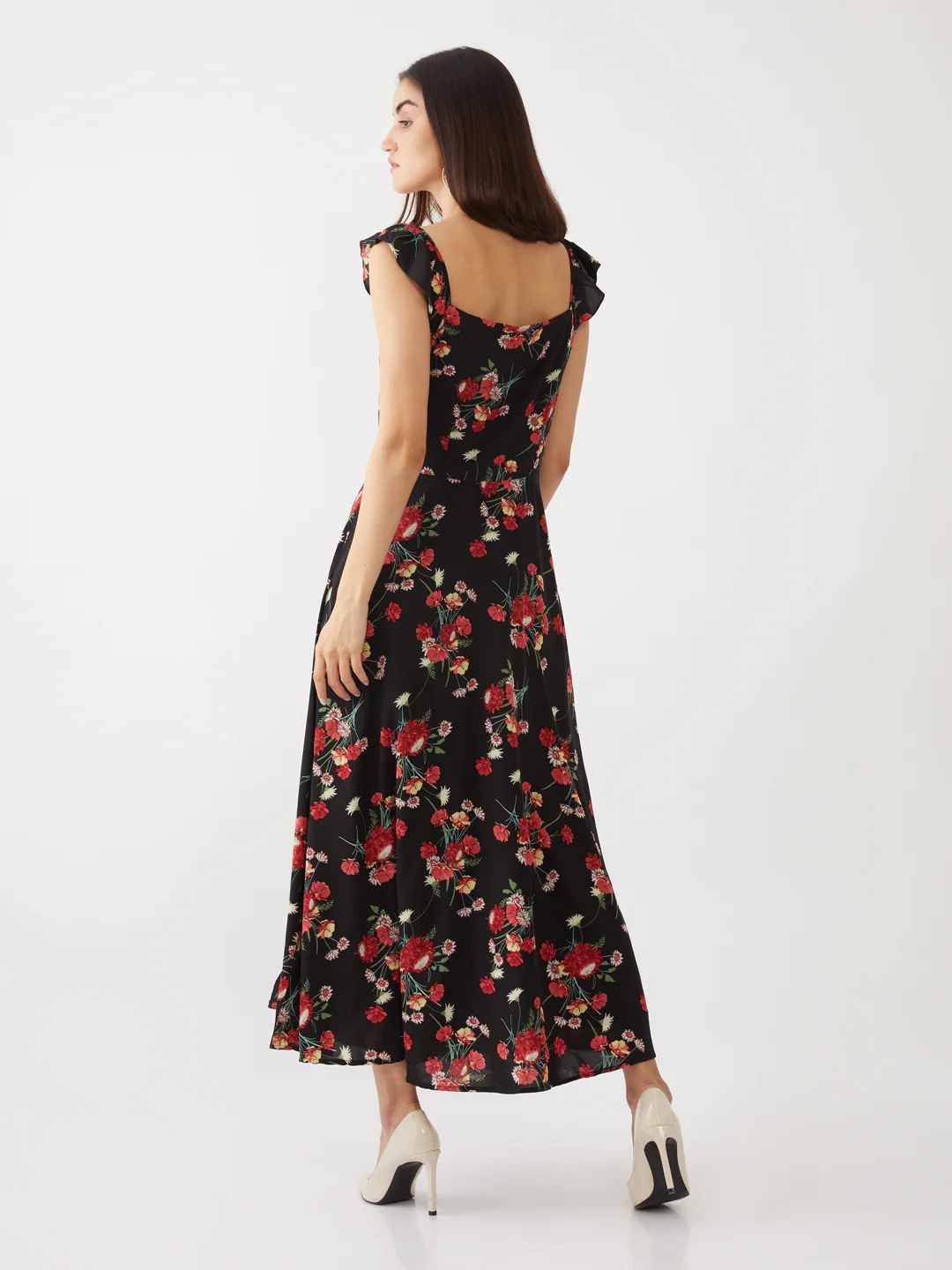 Black Floral Print Strappy Maxi Dress