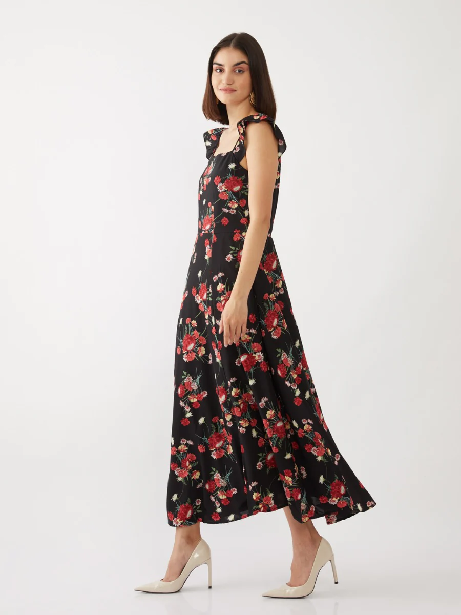 Black Floral Print Strappy Maxi Dress - Image 4