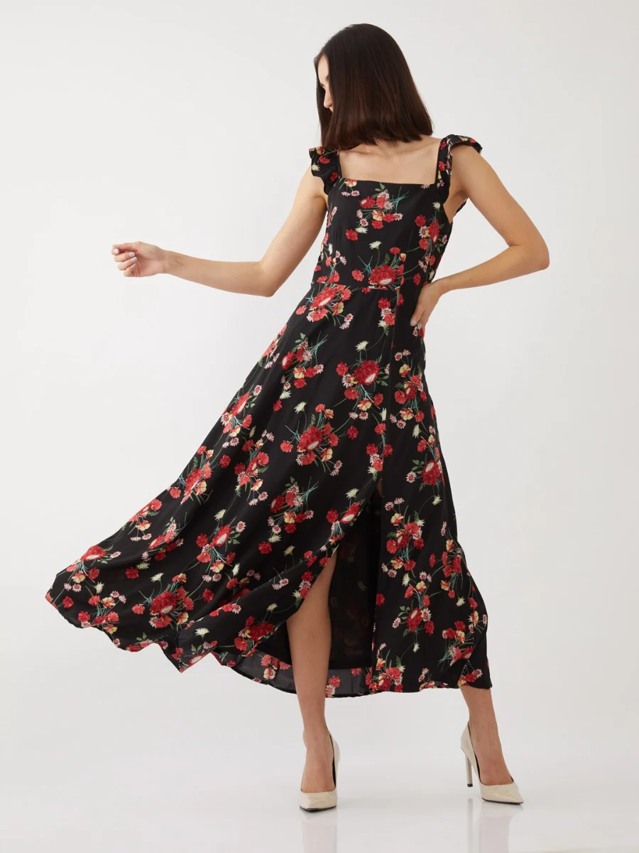 Black Floral Print Strappy Maxi Dress - Image 5