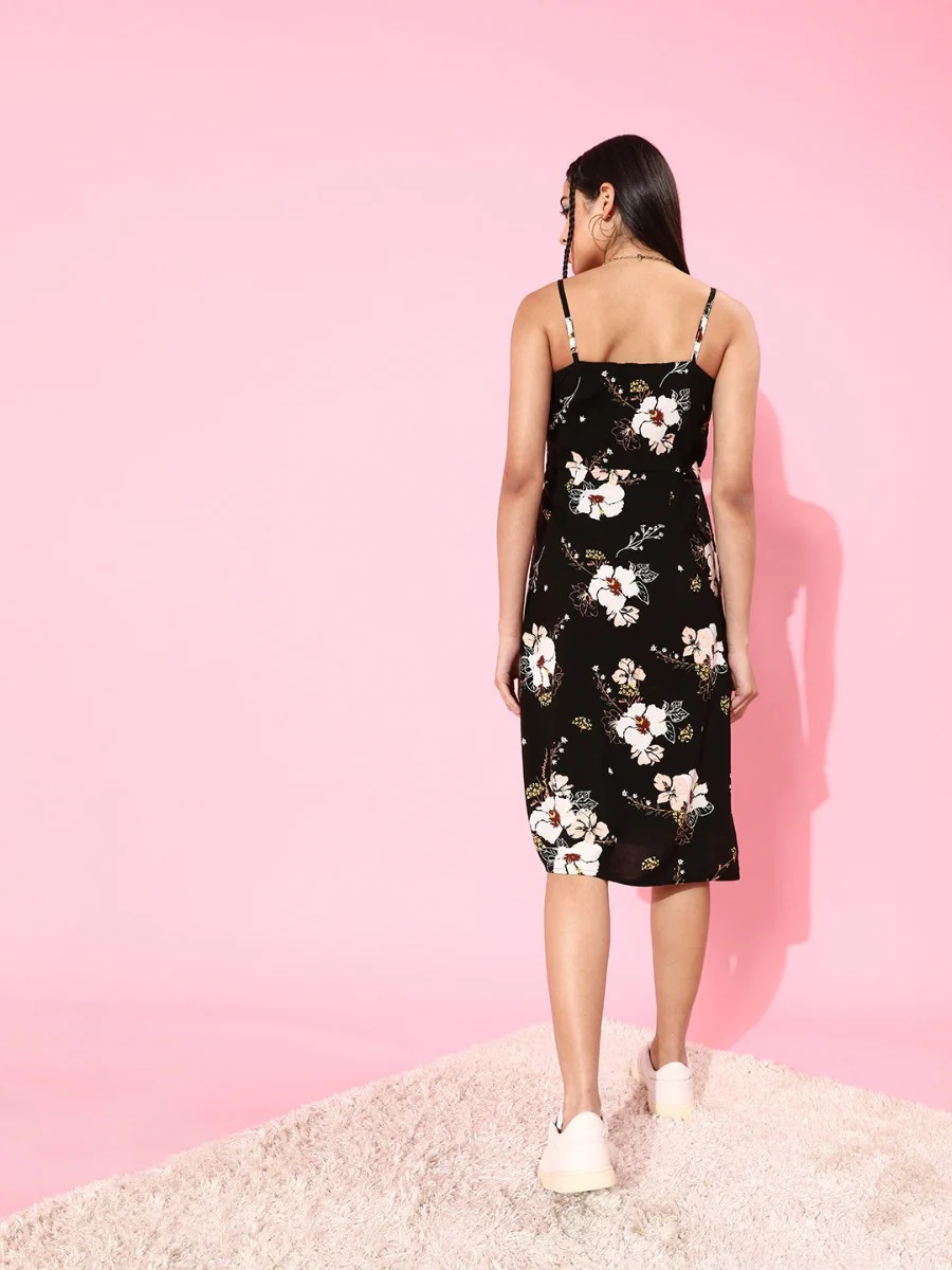 Black Floral Print Strappy Midi Dress - Image 3