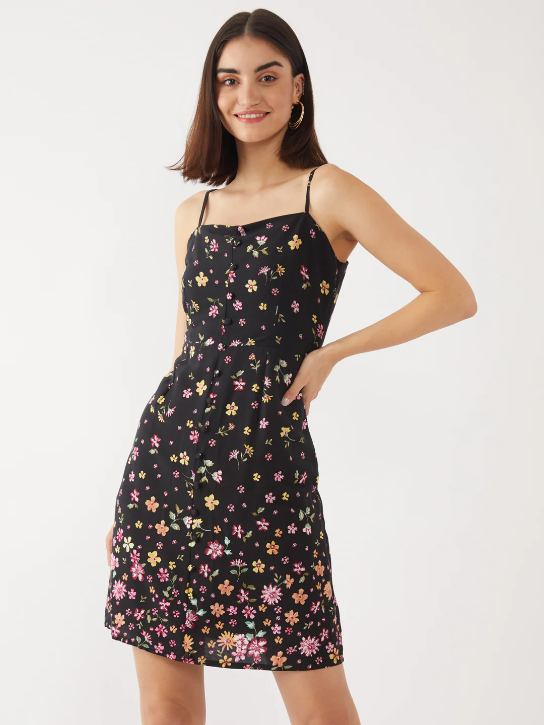 Black Floral Print Strappy Short Dress - Image 2
