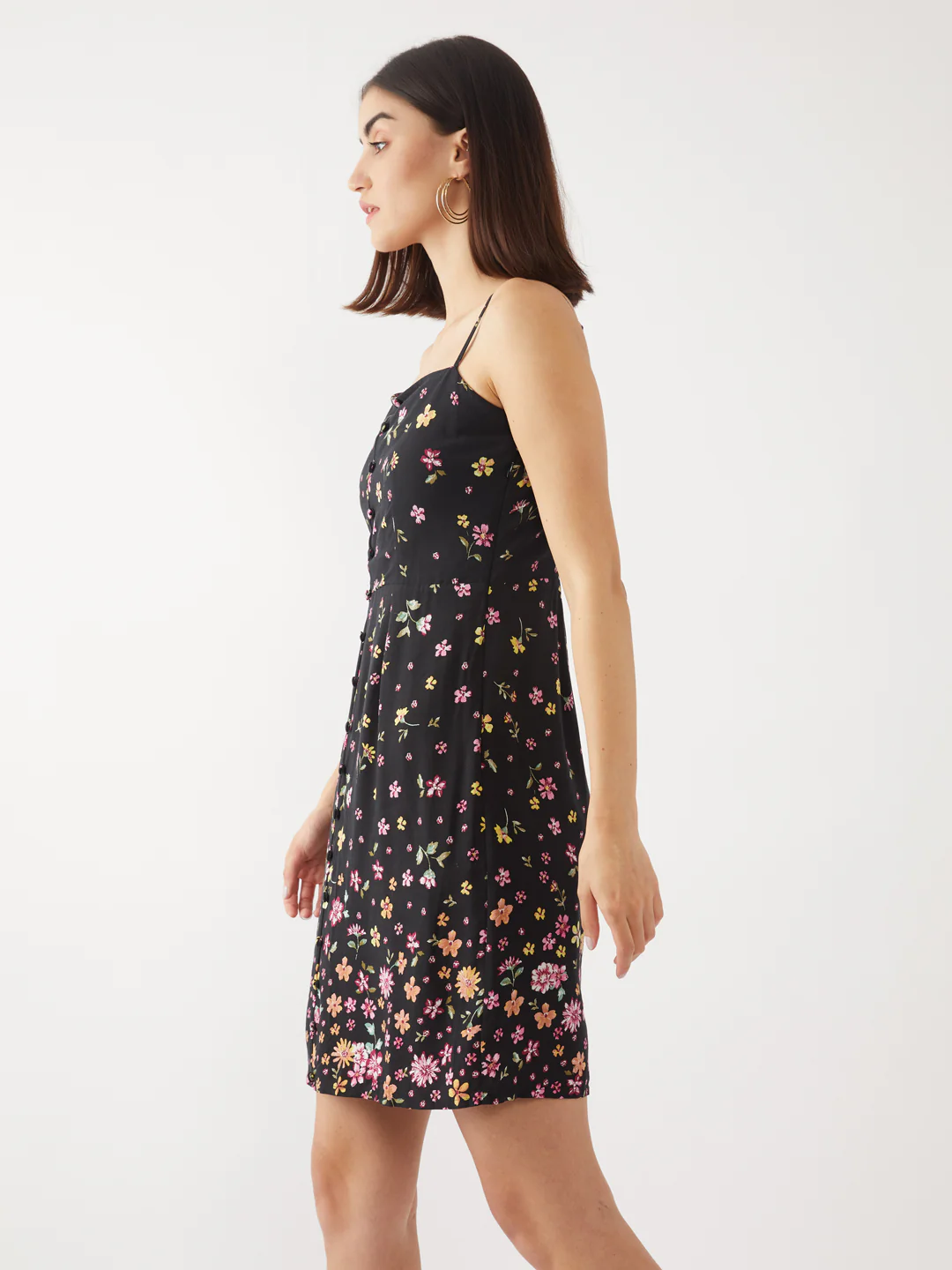 Black Floral Print Strappy Short Dress - Image 3
