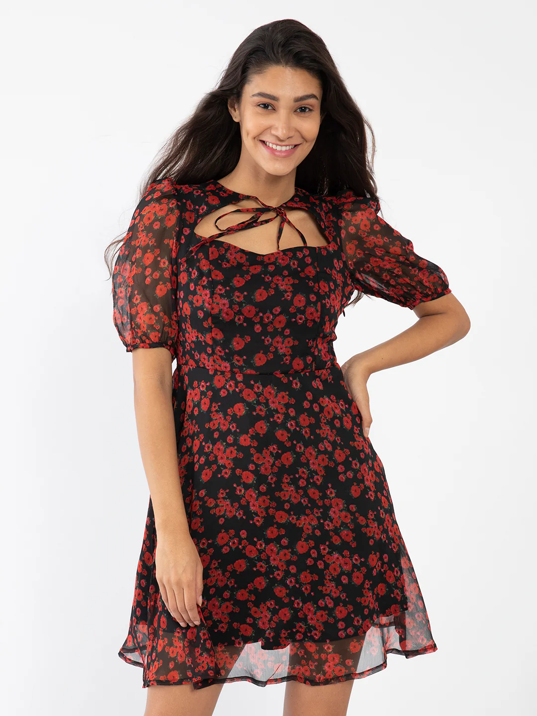 Black Floral Print Tie-Up Short Dress - Image 2