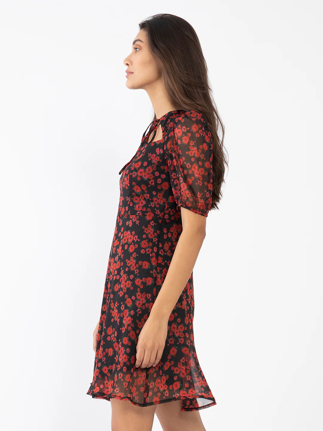 Black Floral Print Tie-Up Short Dress - Image 3