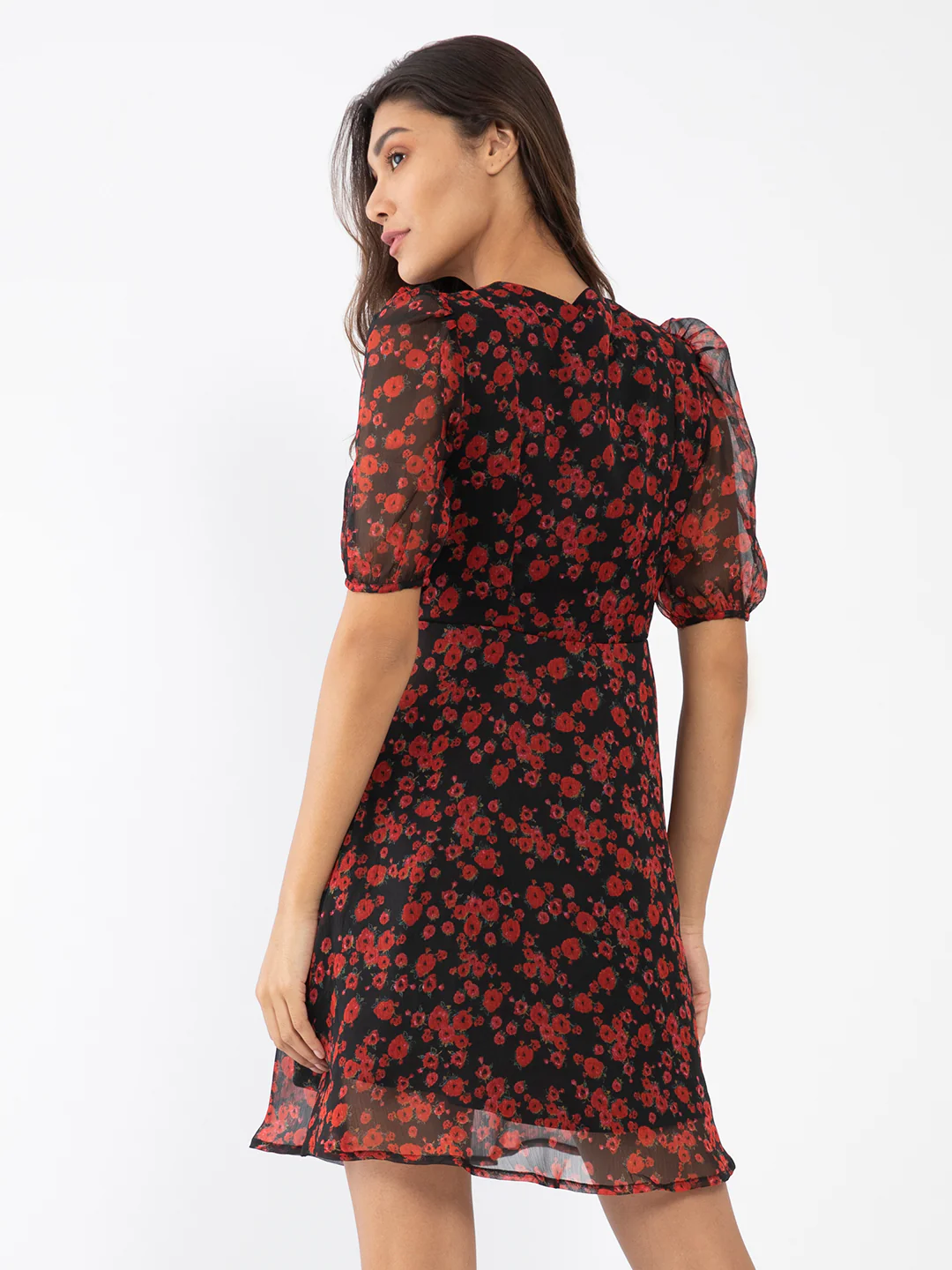 Black Floral Print Tie-Up Short Dress - Image 4