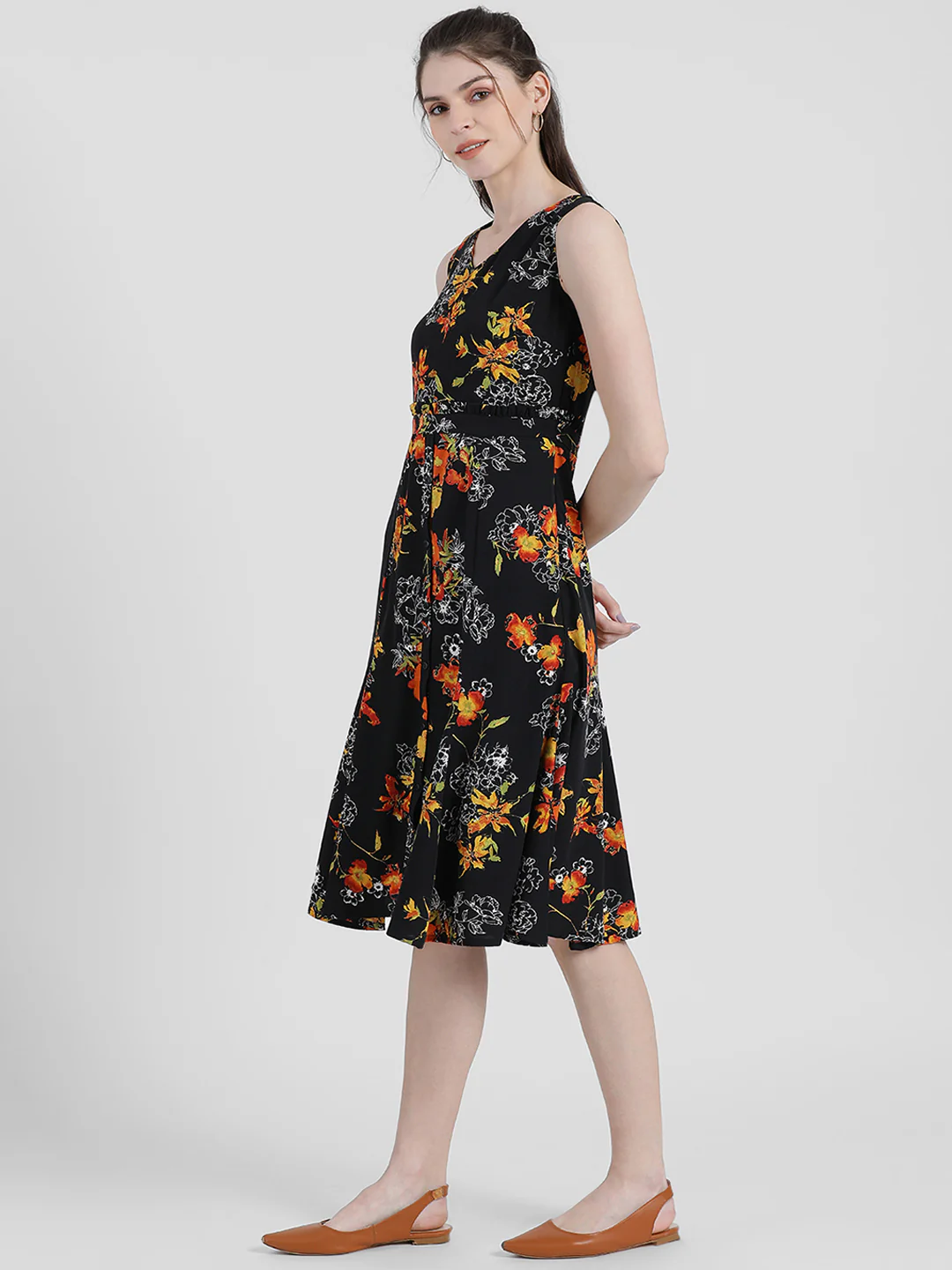 Black Floral Printed Fit & Flare Dress - Image 2