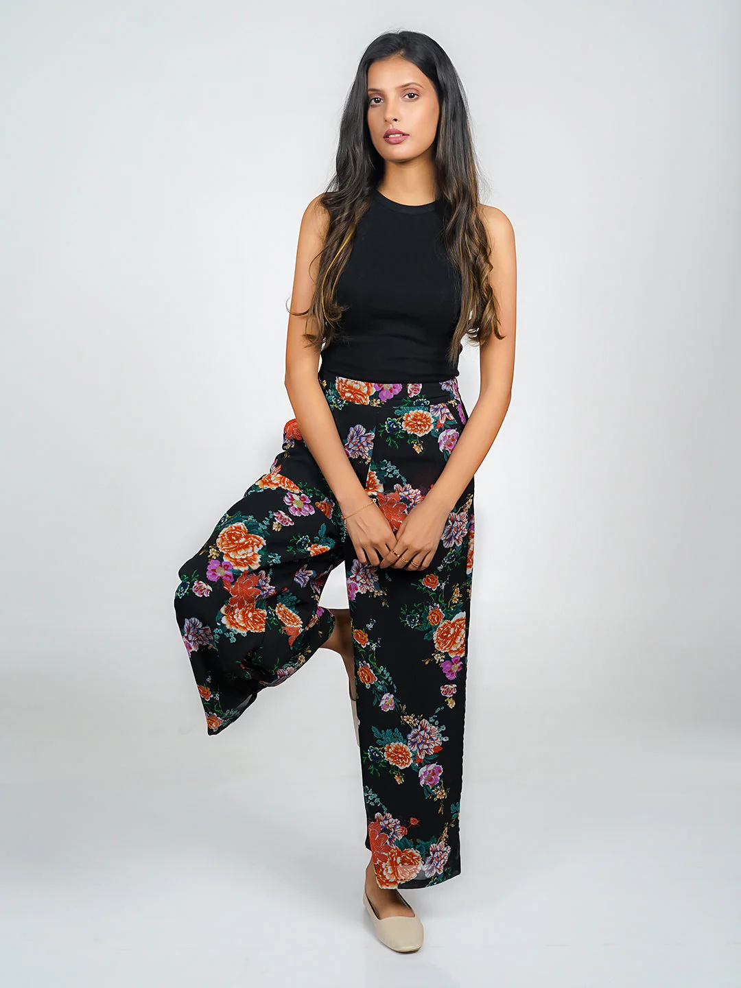 Black Floral Printed Regular Trouser - Image 2