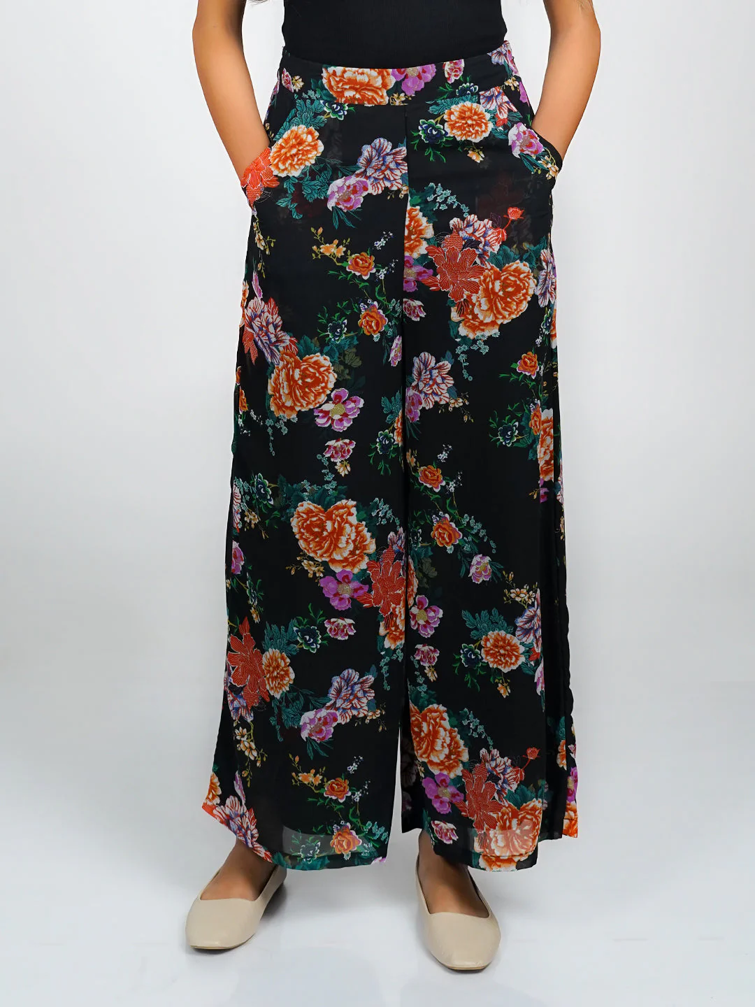 Black Floral Printed Regular Trouser - Image 7