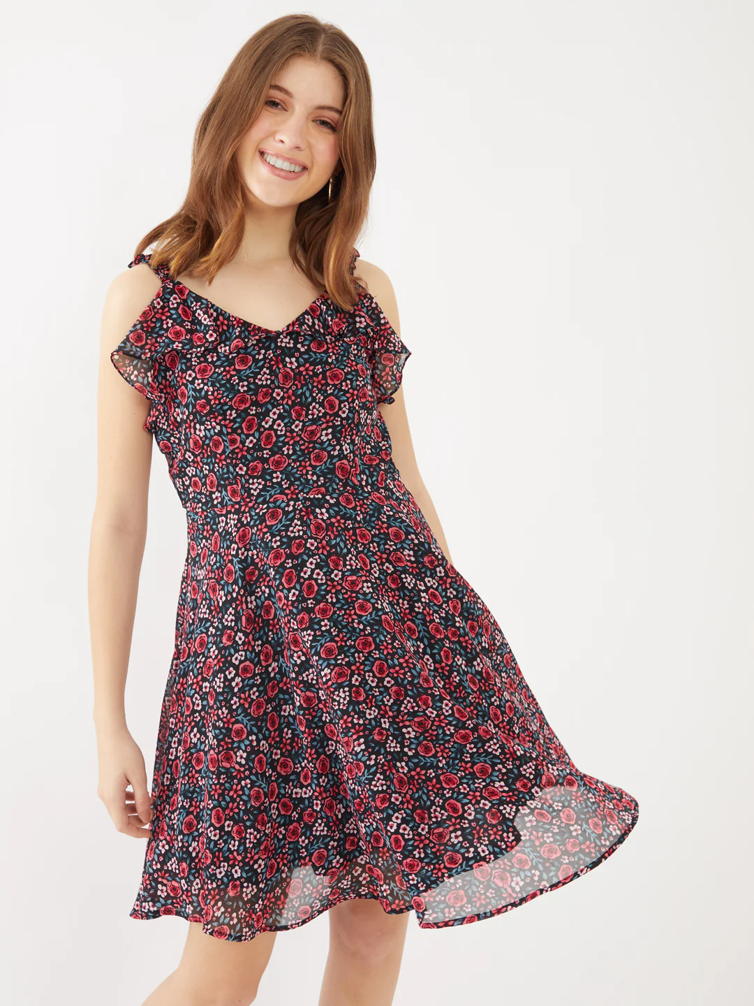 Black Floral Printed Ruffled Short Dress - Image 2