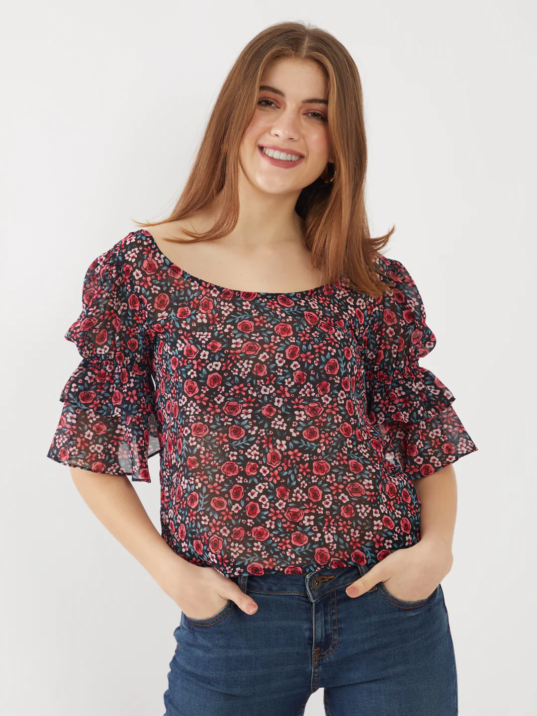 Black Floral Printed Tie-Up Top - Image 2