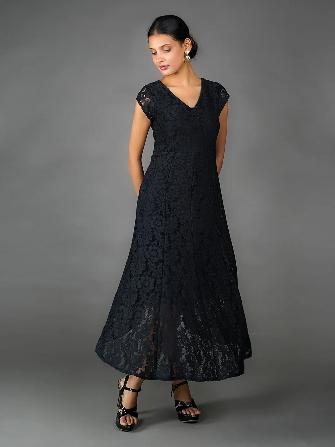 Black Lace Flared Maxi Dress - Image 2