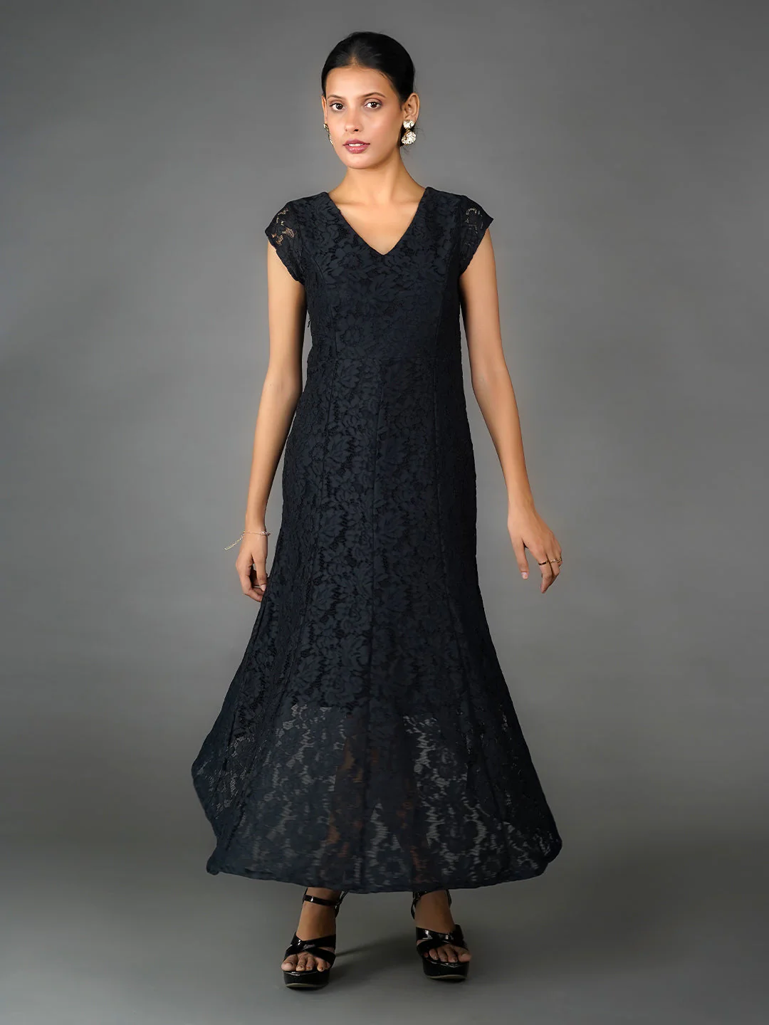 Black Lace Flared Maxi Dress - Image 3