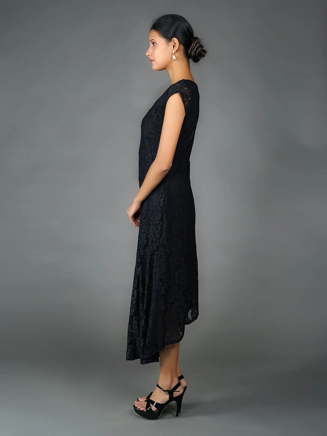 Black Lace Flared Maxi Dress - Image 4