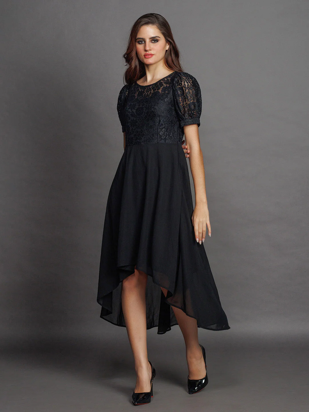 Black Lace Flared Midi Dress