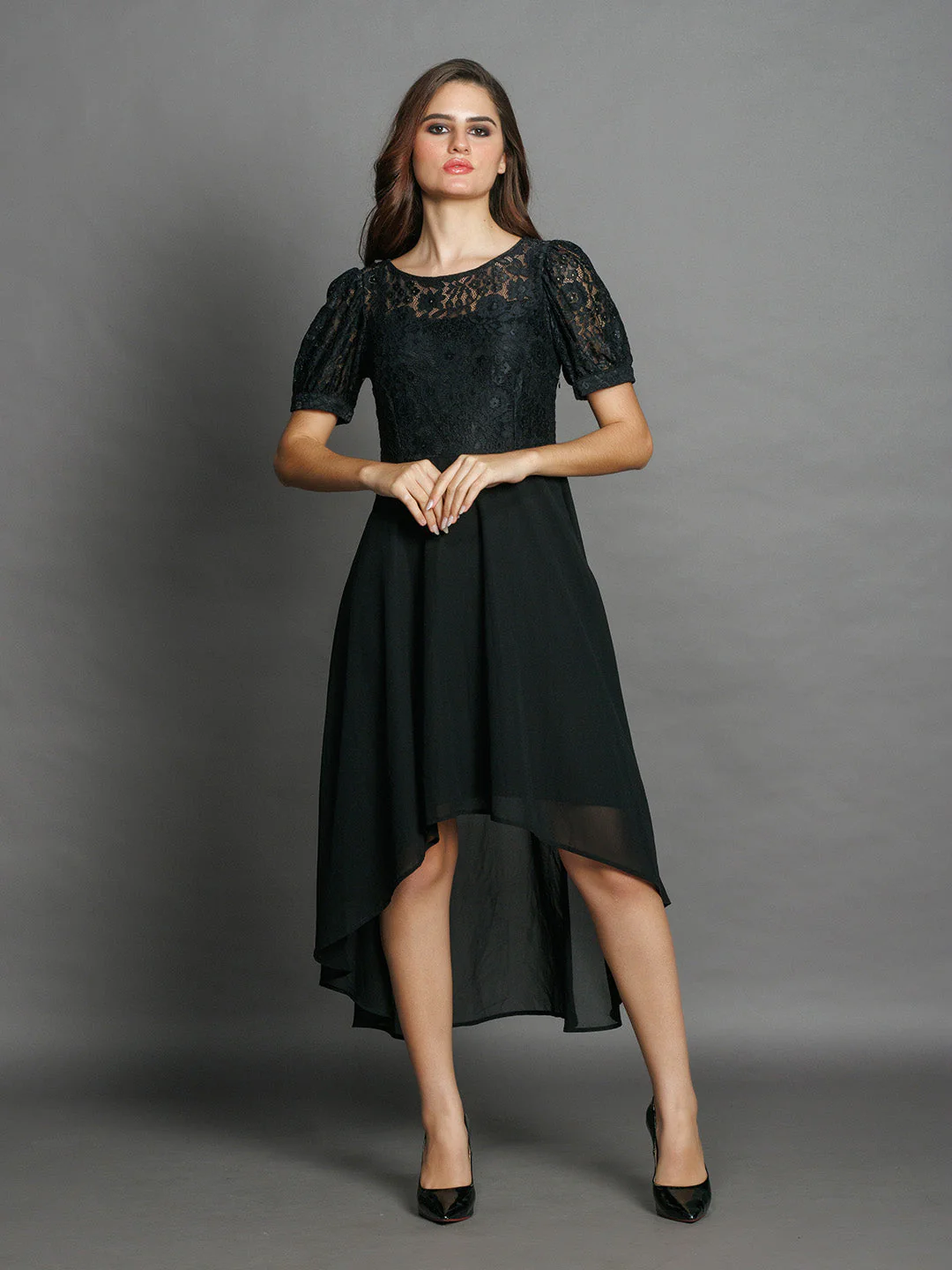 Black Lace Flared Midi Dress - Image 2
