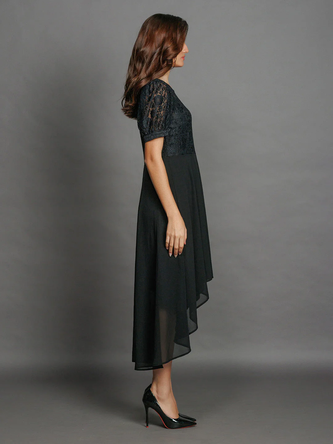 Black Lace Flared Midi Dress - Image 3