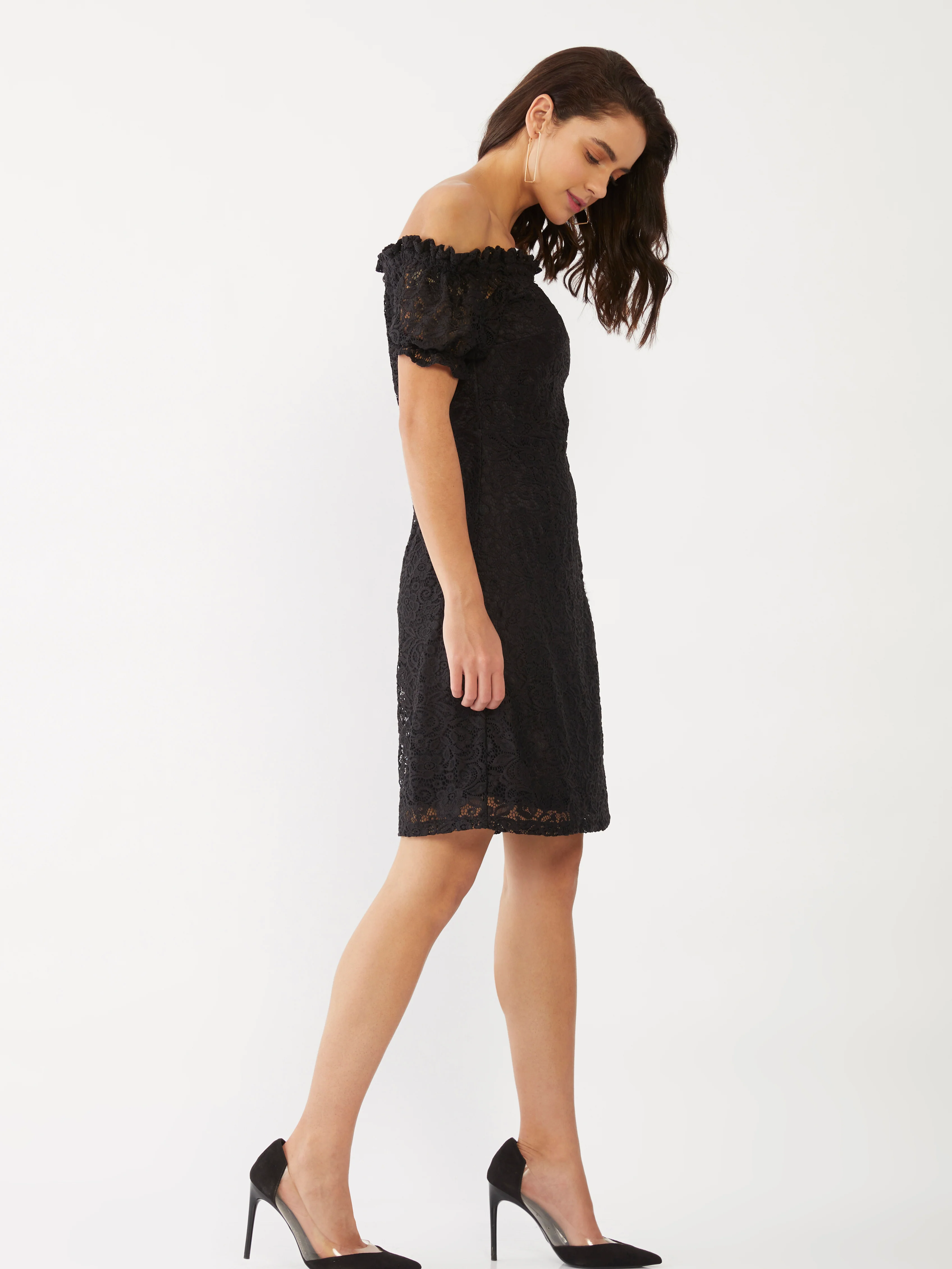 Black Lace Off-shoulder Short Dress - Image 2
