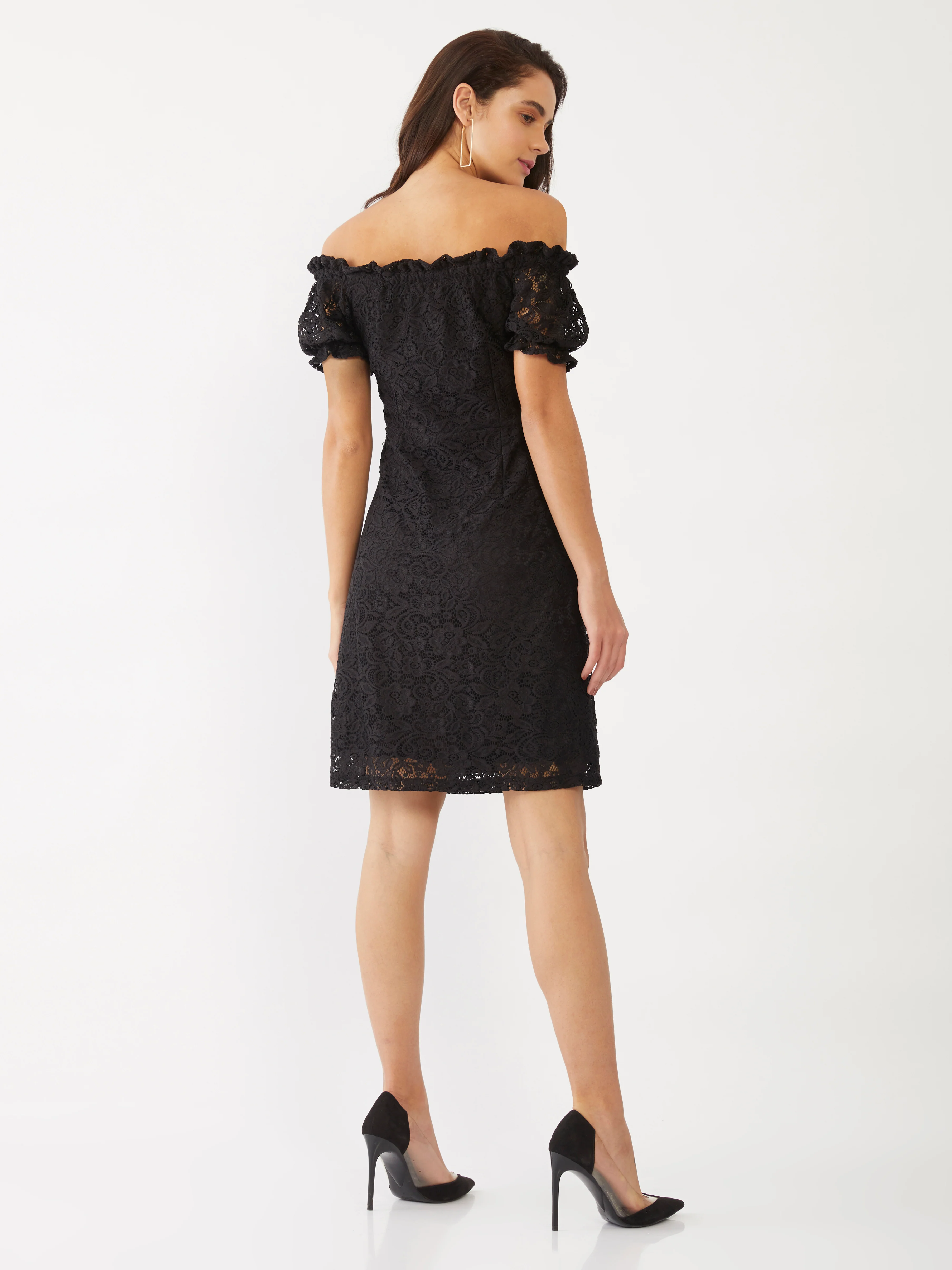 Black Lace Off-shoulder Short Dress - Image 3