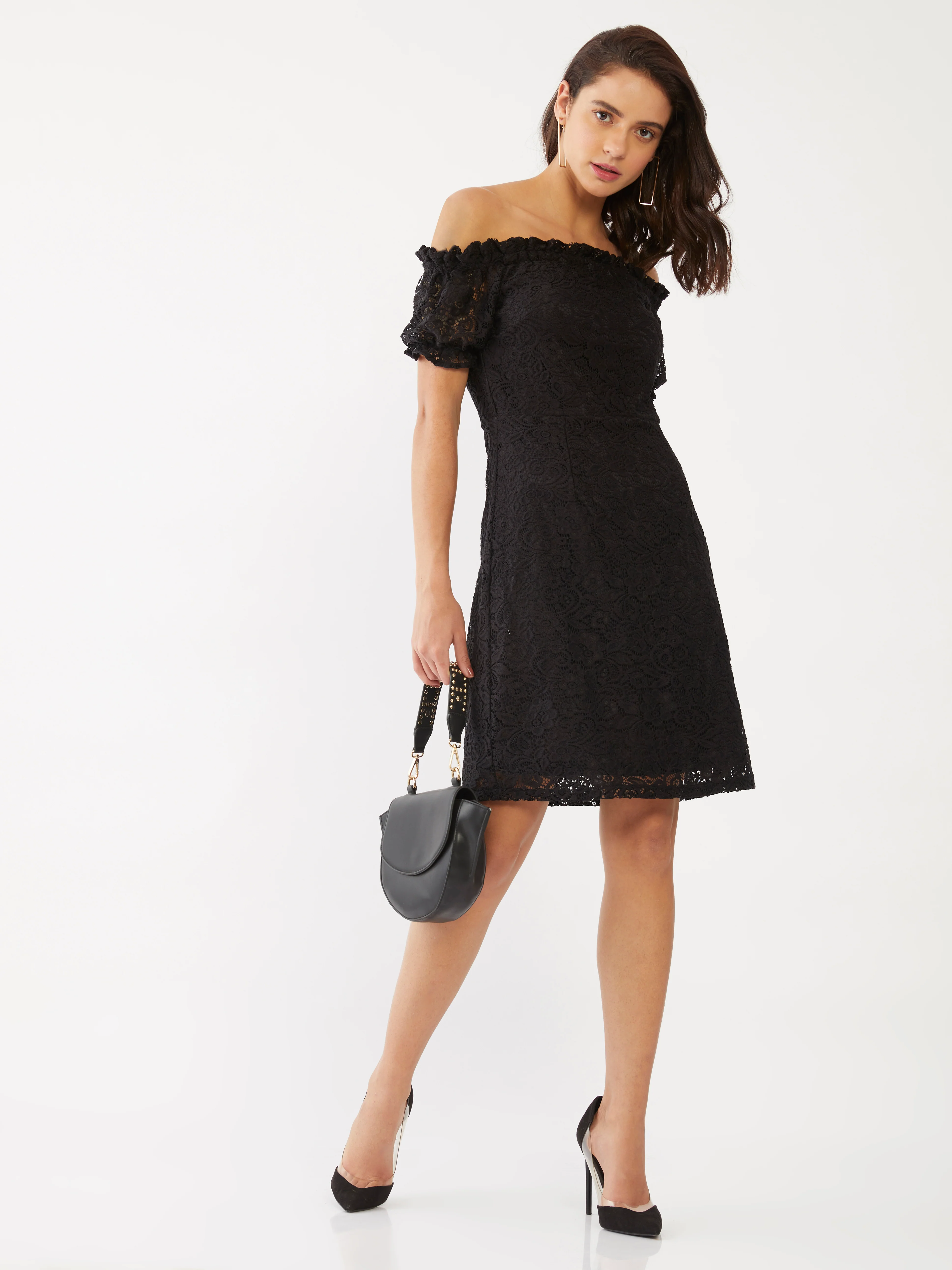 Black Lace Off-shoulder Short Dress - Image 4