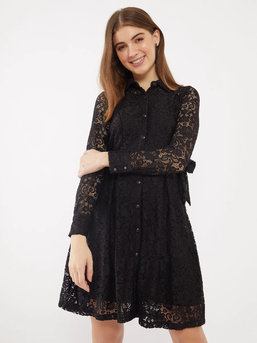 Black Lace Shirt Dress - Image 2