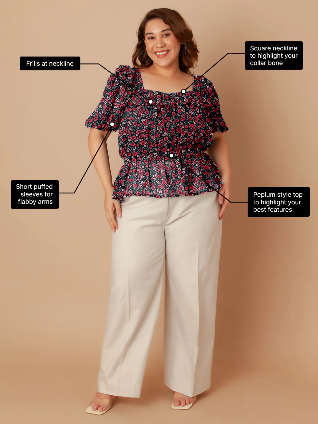 Black & Pink Floral Print Peplum Top - Image 3