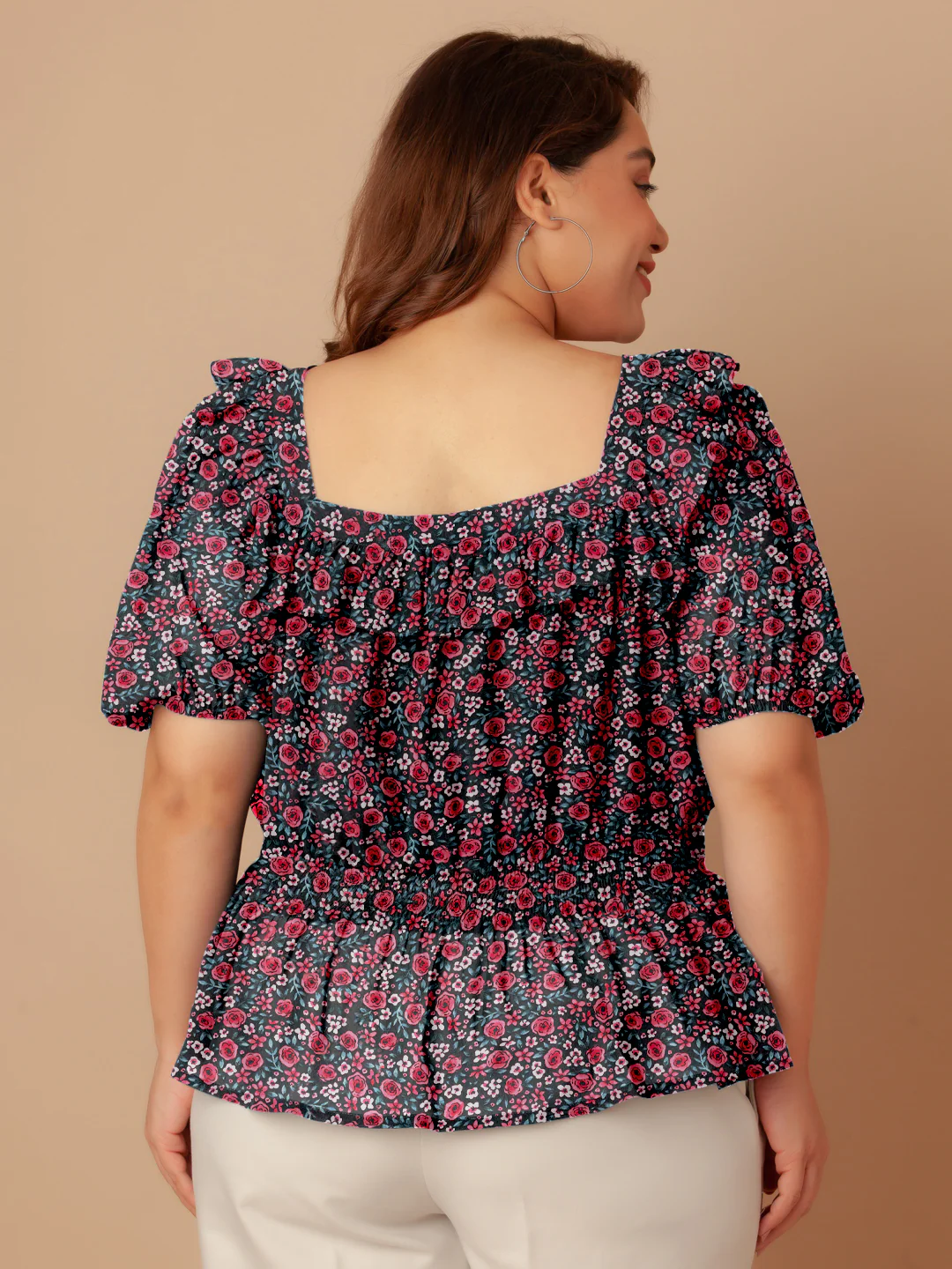 Black & Pink Floral Print Peplum Top - Image 5