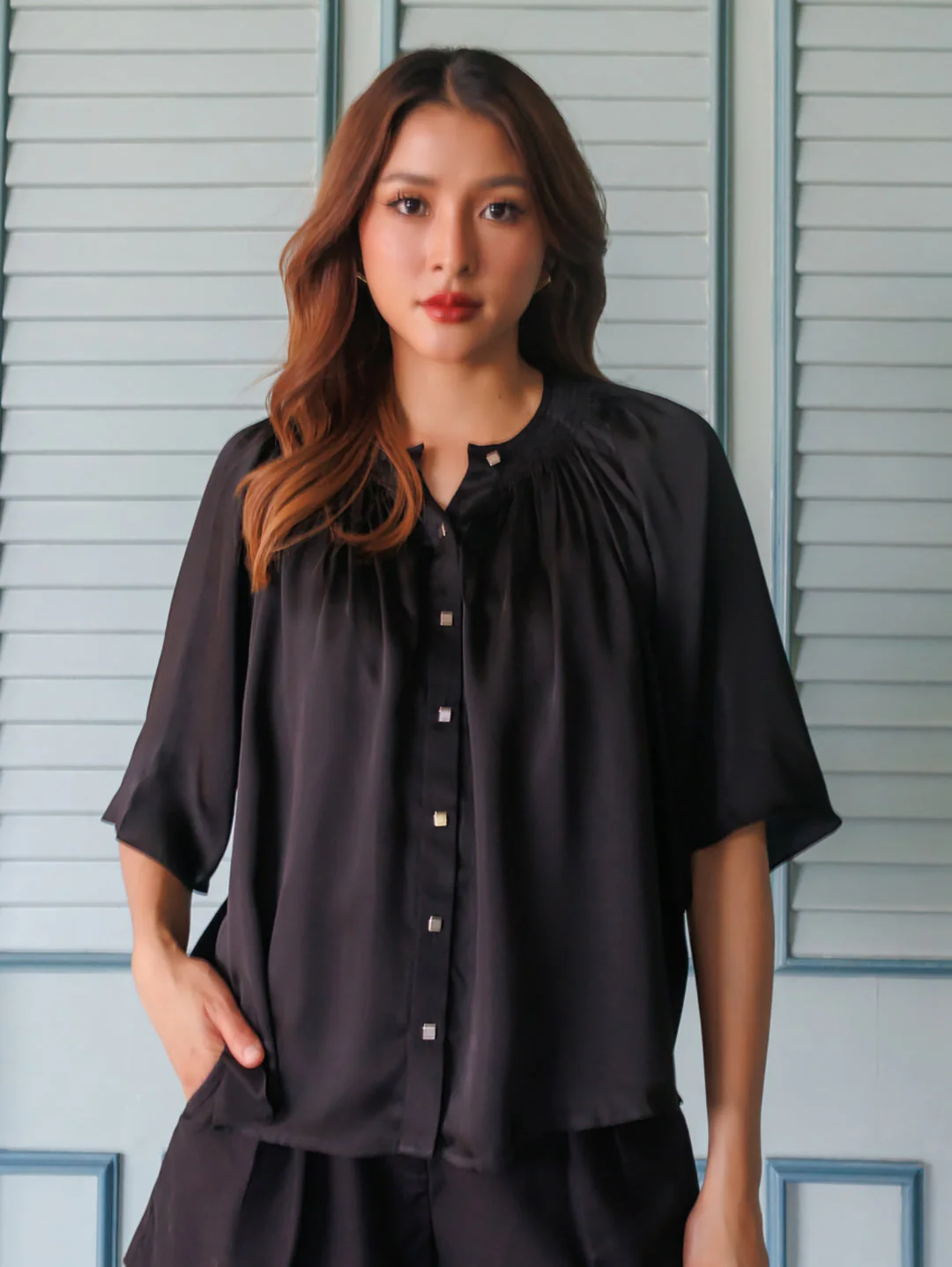 Black Solid Shirt-Style Top - Image 2
