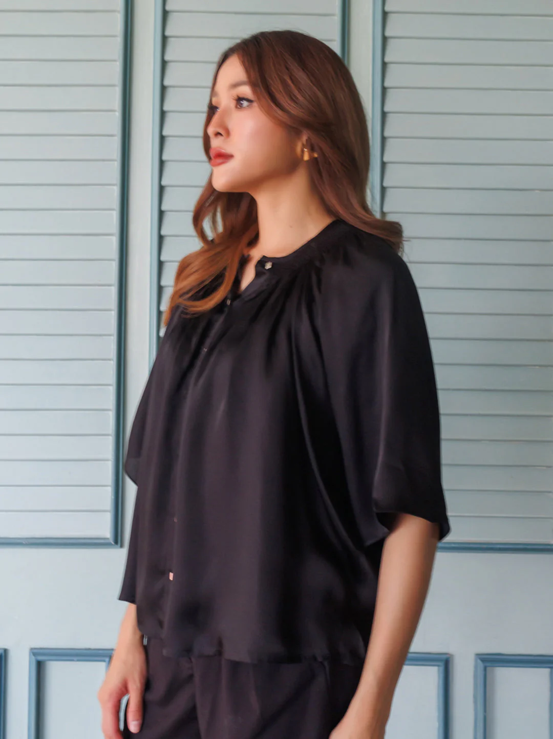 Black Solid Shirt-Style Top - Image 3