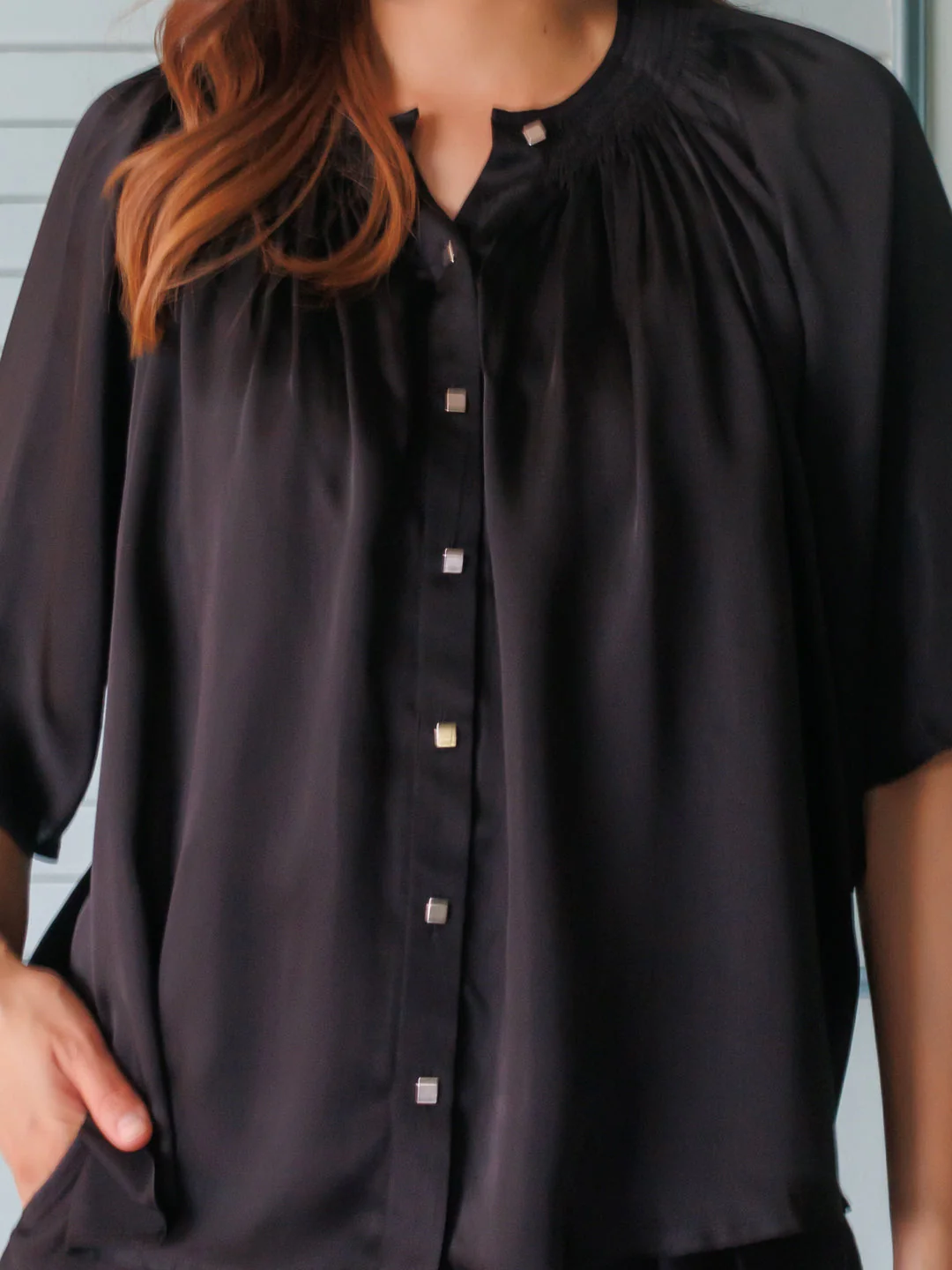 Black Solid Shirt-Style Top - Image 5