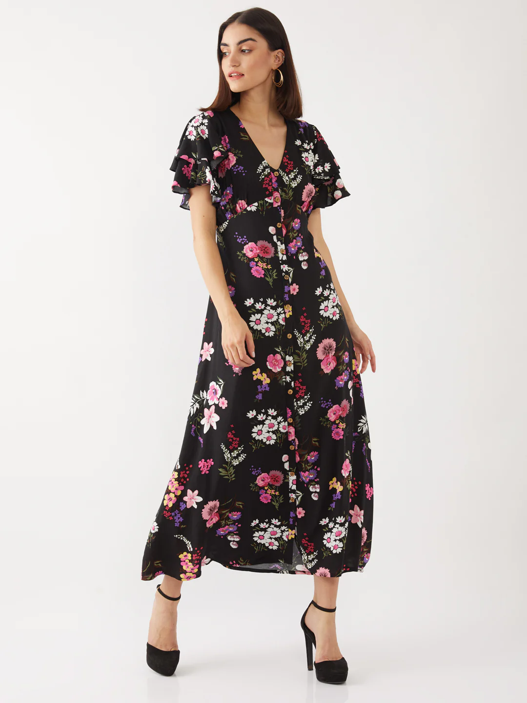 Black Printed Flared Sleeve Maxi - Image 2