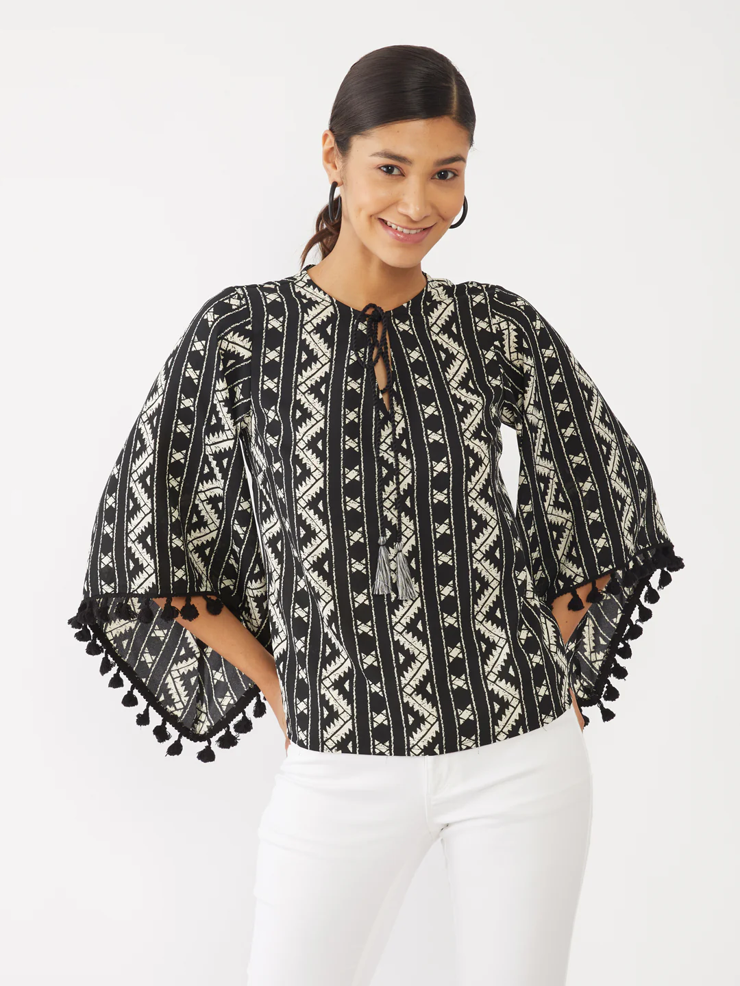 Black Printed Flared Sleeve Top - Image 2