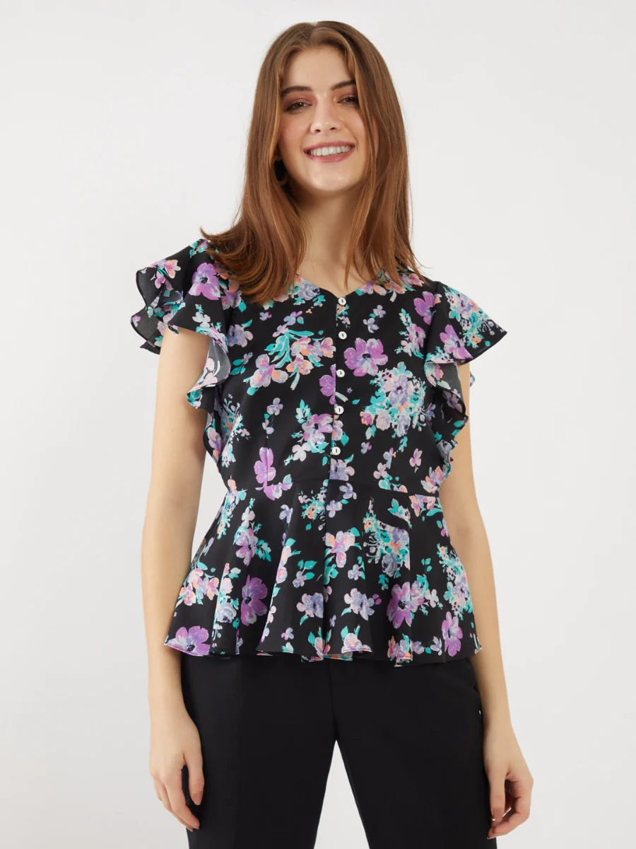 Black Printed Flared Sleeve Top - Image 2
