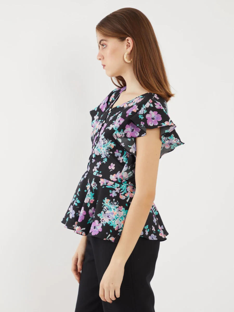 Black Printed Flared Sleeve Top - Image 3