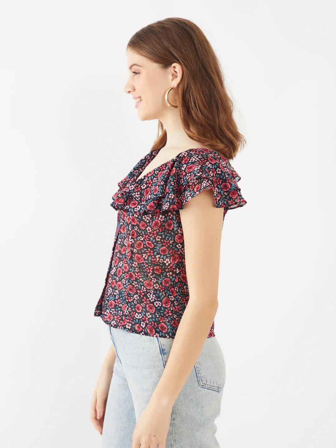 Black Printed Flared Sleeve Top - Image 2