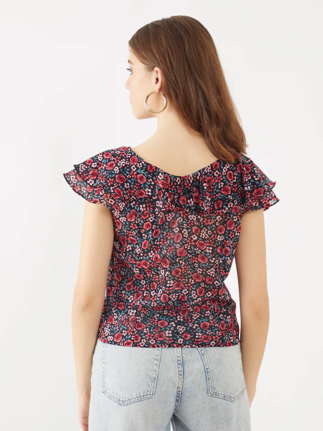 Black Printed Flared Sleeve Top - Image 3
