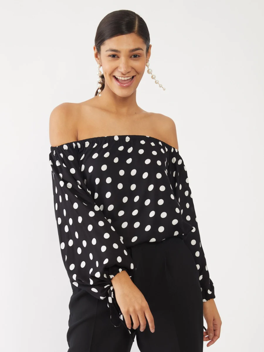 Black Printed Off-shoulder Top - Image 2