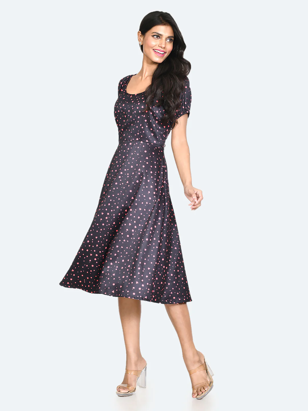Black Printed Puff Sleeve Midi Dress - Image 3