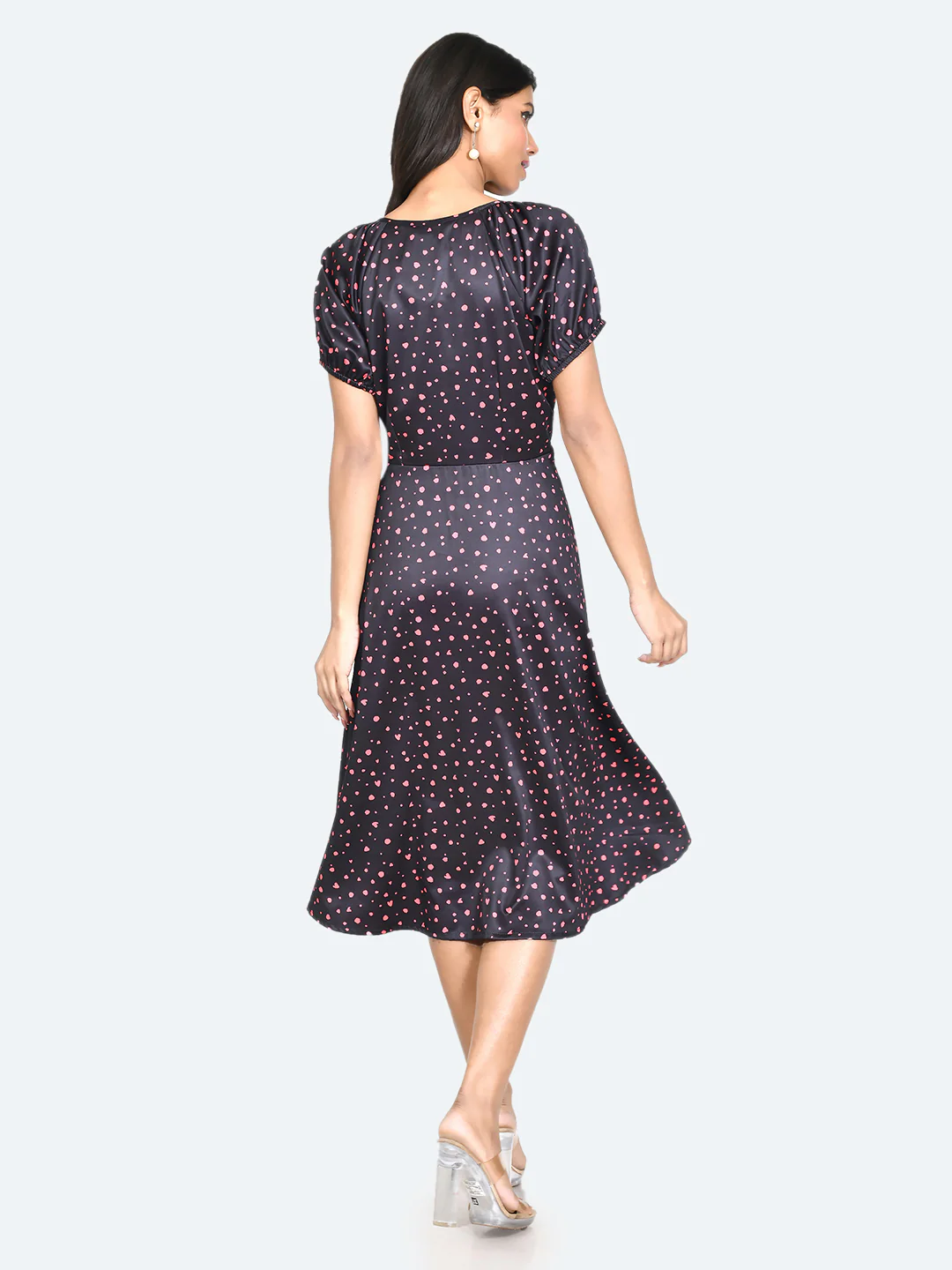 Black Printed Puff Sleeve Midi Dress - Image 4